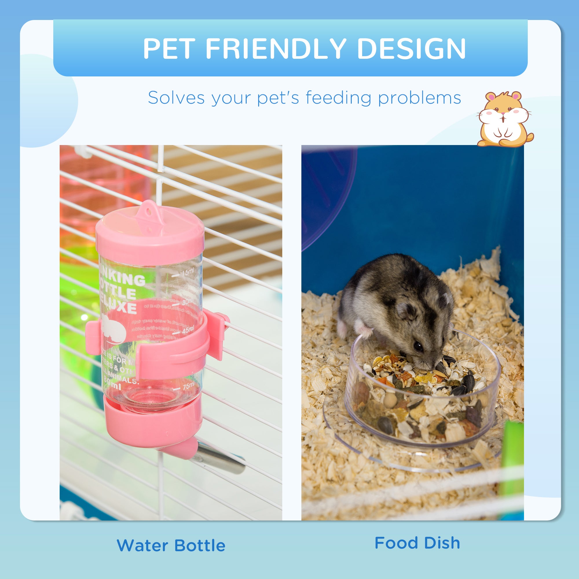 PawHut Hamster Cage with Tunnel Tube System, 5 Level Gerbil Haven with Water Bottle, Exercise Wheel, Food Dish, Ramps 59 cm x 36 cm x 69 cm - Blue - North Peak Garden Furniture