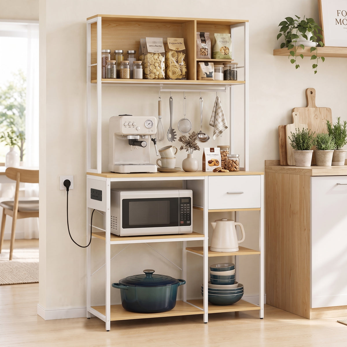 HOMCOM Kitchen Storage Rack with Power Outlet, USB and Type-C Ports, Drawer, Shelves and 4 Hooks, Oak and White