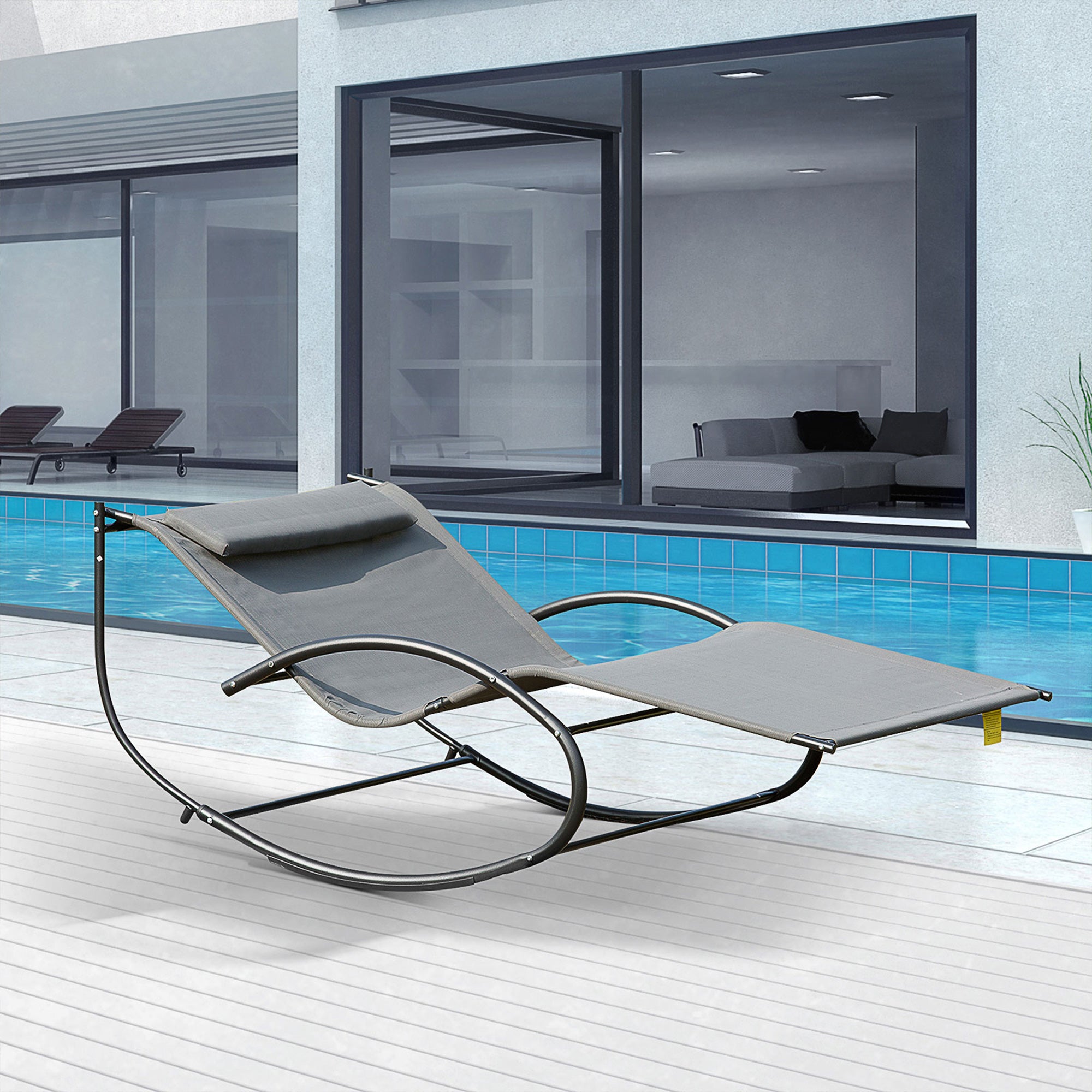 Outsunny Double Sun Lounger, Rocking Lounger Sunbed Daybed with Armrest and Headrest Pillow, for Two, For Outdoor Patio Garden, Grey - North Peak Garden Furniture