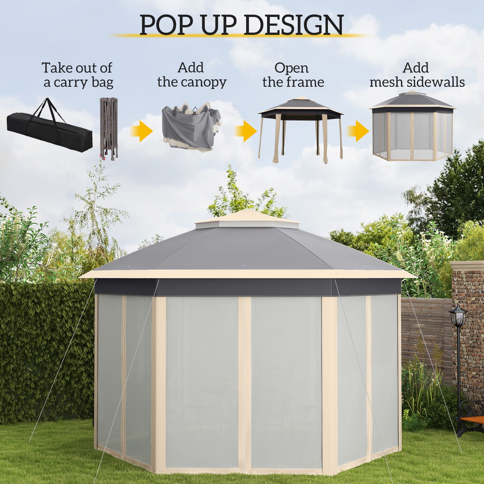 Outsunny Hexagon Pop Up Gazebo Outdoor Patio Gazebo Double Roof Instant Shelter with Netting, 3 x 4m, Khaki - North Peak Garden Furniture