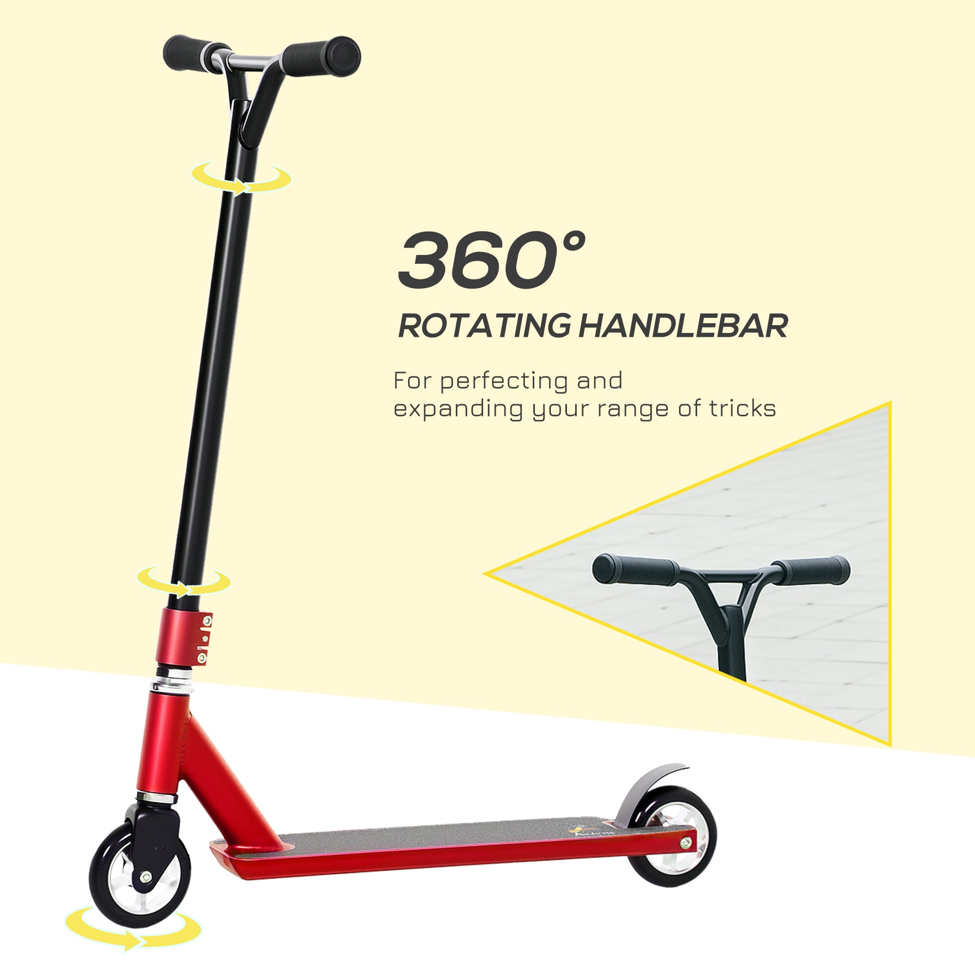 HOMCOM Stunt Scooter, 360° Entry Level Tricks Scooter w/ Lightweight Aluminium Deck and ABEC 7 Bearing, For Age 14+ Beginners, Red - North Peak Garden Furniture