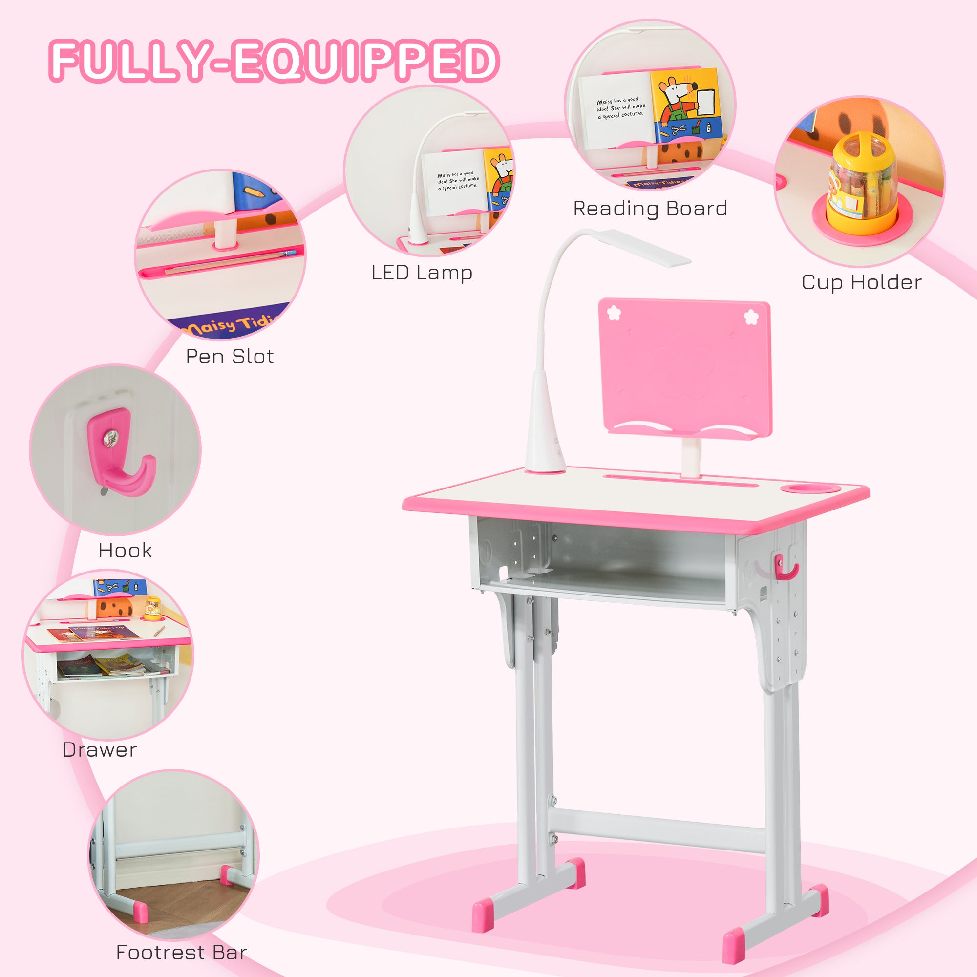 HOMCOM Kids Desk and Chair Set Adjustable Height Study Table Set with Drawer, Book Stand, Pen Slot - Pink