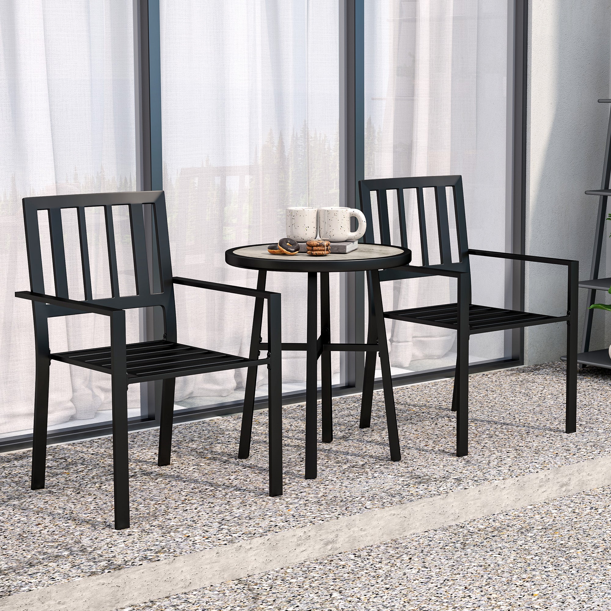 Outsunny 3 Piece Patio Bistro Set with Plastic Top, 2 Stackable Chairs, Galvanised Steel Frame, Grey - North Peak Garden Furniture