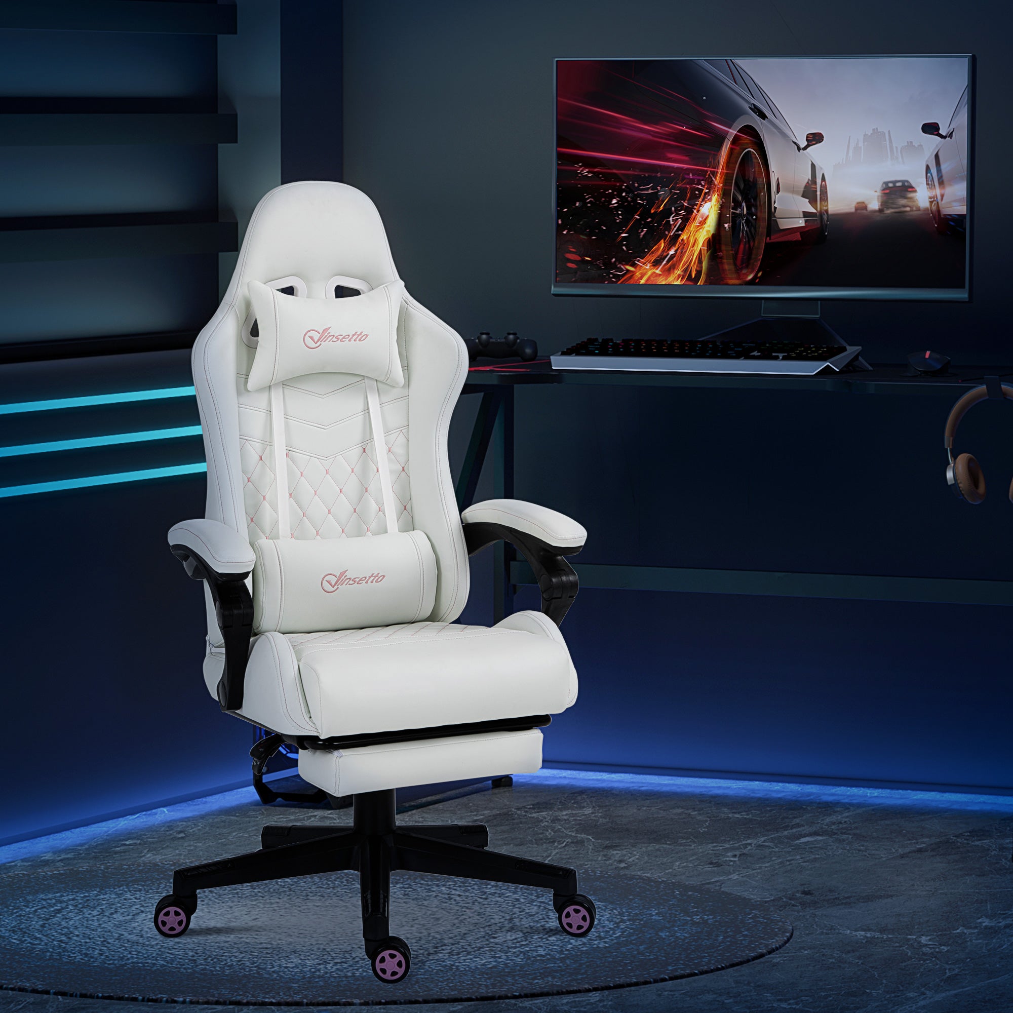 Vinsetto Computer Gaming Chair with Footrest, Video Gaming Chair for Adults with 130° Reclining Back, Desk Chair with Lumbar Support and Adjustable Height, White