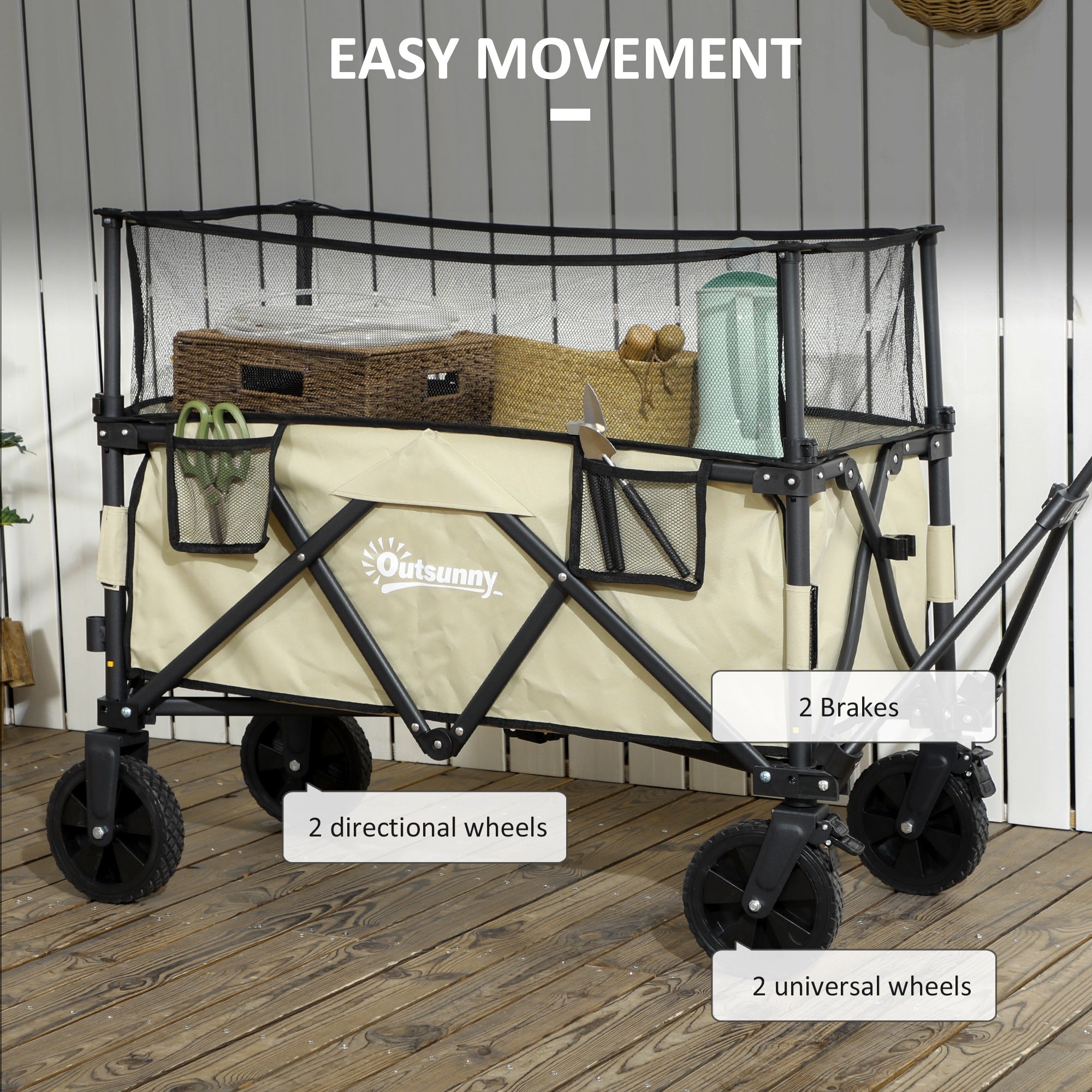 Outsunny Folding Garden Trolley, 180L Wagon Cart with Extendable Side Walls, for Beach, Camping, Festival, Khaki - North Peak Garden Furniture