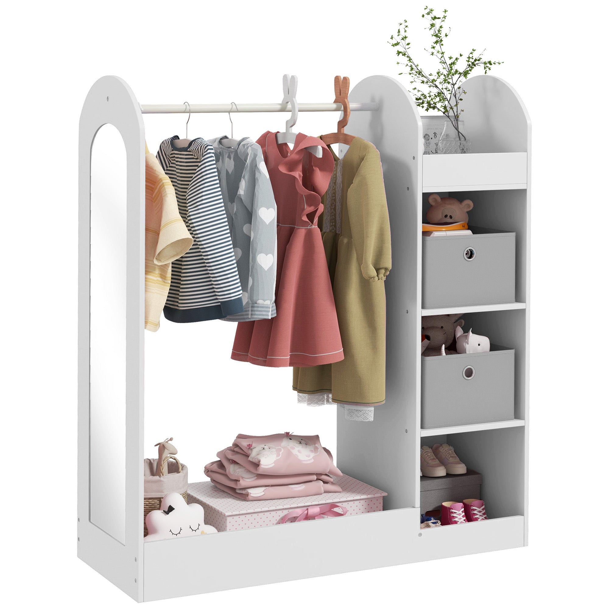 AIYAPLAY Kids Clothes Rail with Storage Shelf, Boxes, Mirror for Bedroom, Nursery, White - North Peak Garden Furniture