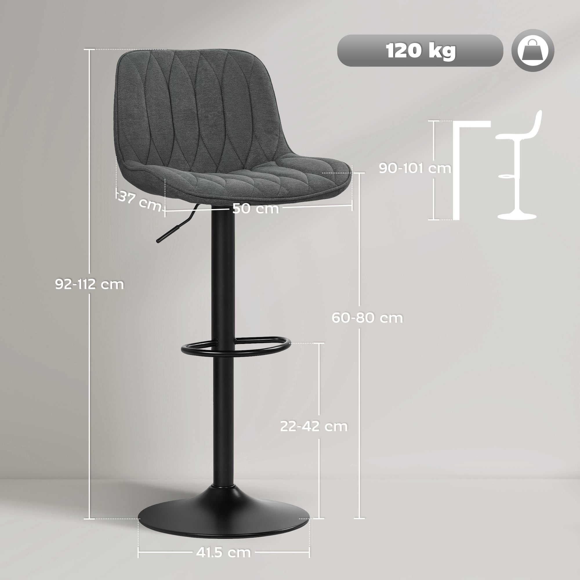 HOMCOM Bar Stools Set of 2, Height Adjustable Swivel Barstools with Backrest and Footrest, Modern Linen Upholstered Armless Bar Chairs for Kitchen, Breakfast Counter, Charcoal Grey - North Peak Garden Furniture