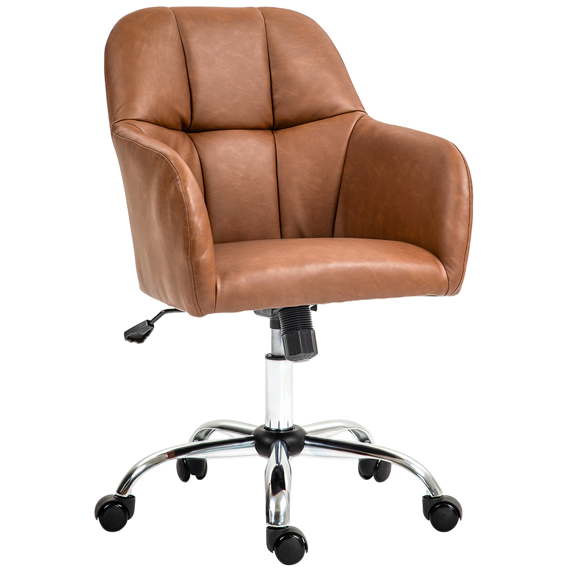 HOMCOM Faux Leather Tub Office Chair, with Wheels - Brown - North Peak Garden Furniture