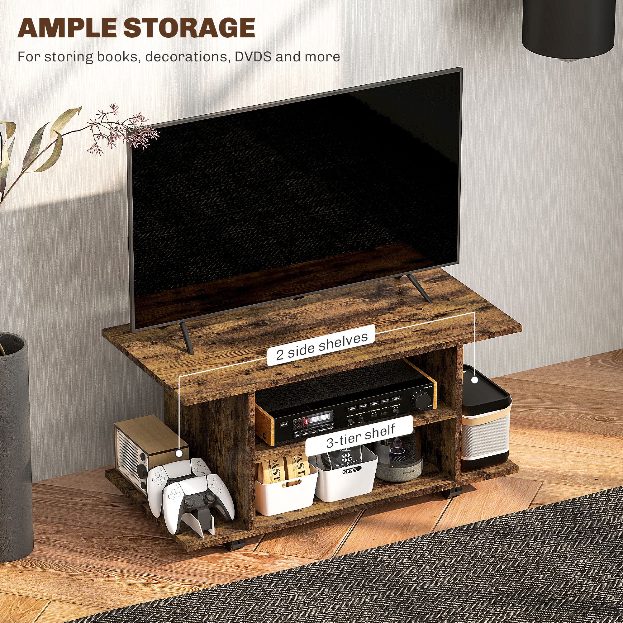 HOMCOM Modern TV Cabinet Stand Storage Shelves Table Mobile Bedroom Furniture Bookshelf Bookcase Rustic Brown