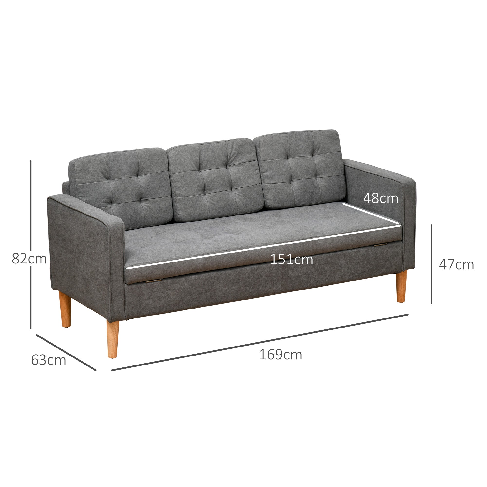HOMCOM Modern 3 Seater Sofa with Hidden Storage, 169cm Tufted Cotton Couch with Wood Legs, Compact Sofa for Living Room, Grey - North Peak Garden Furniture