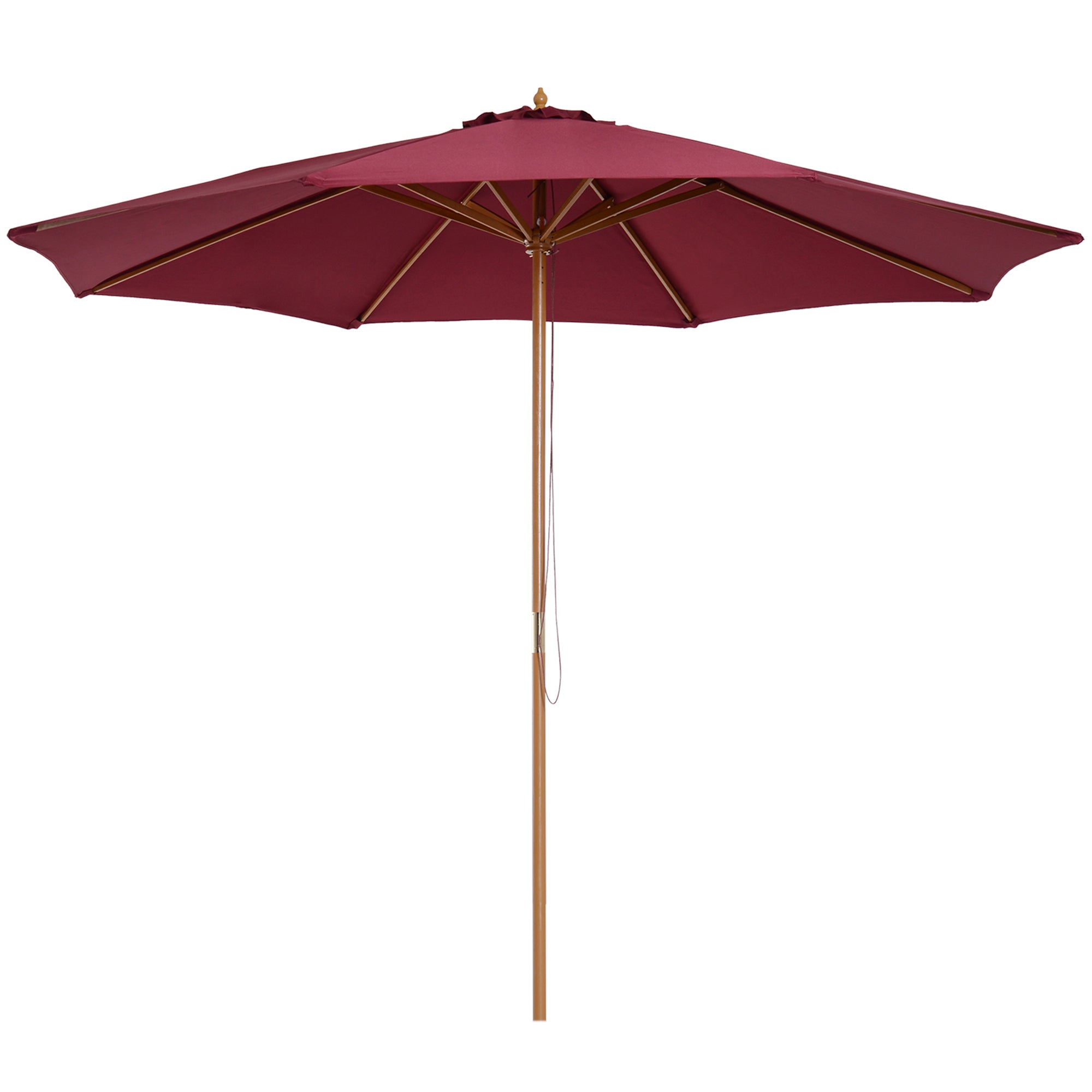 Outsunny 3(m) Garden Parasol, Pulley Operated Patio Umbrella, Wooden Table Market Umbrella with Rope Pulley Mechanism and 8 Ribs, Wine Red - North Peak Garden Furniture