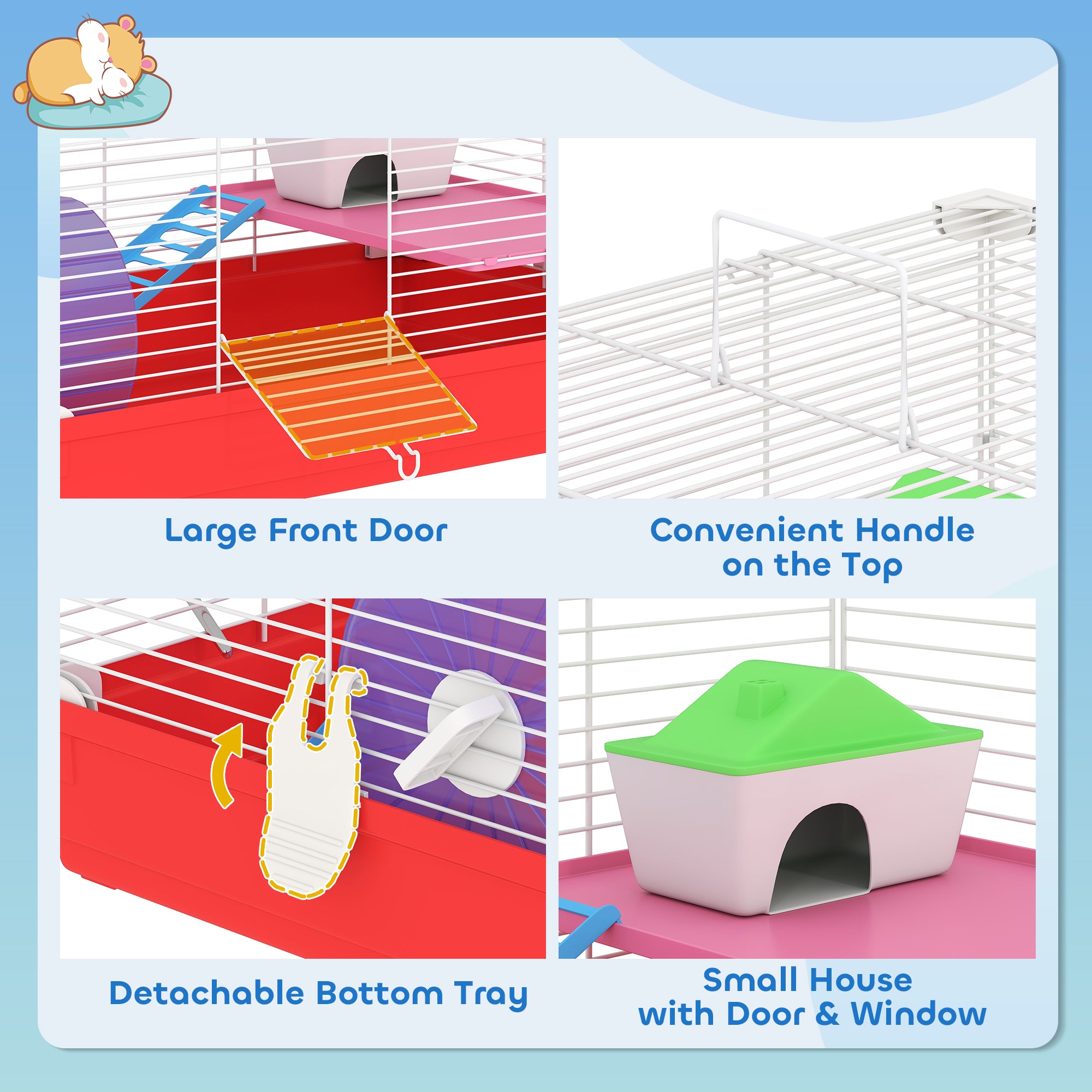 PawHut Portable 2 Storey Hamster Cage Small Pet Animal Cage Double Layers w/ Exercise Wheel Water Bottle Dishes