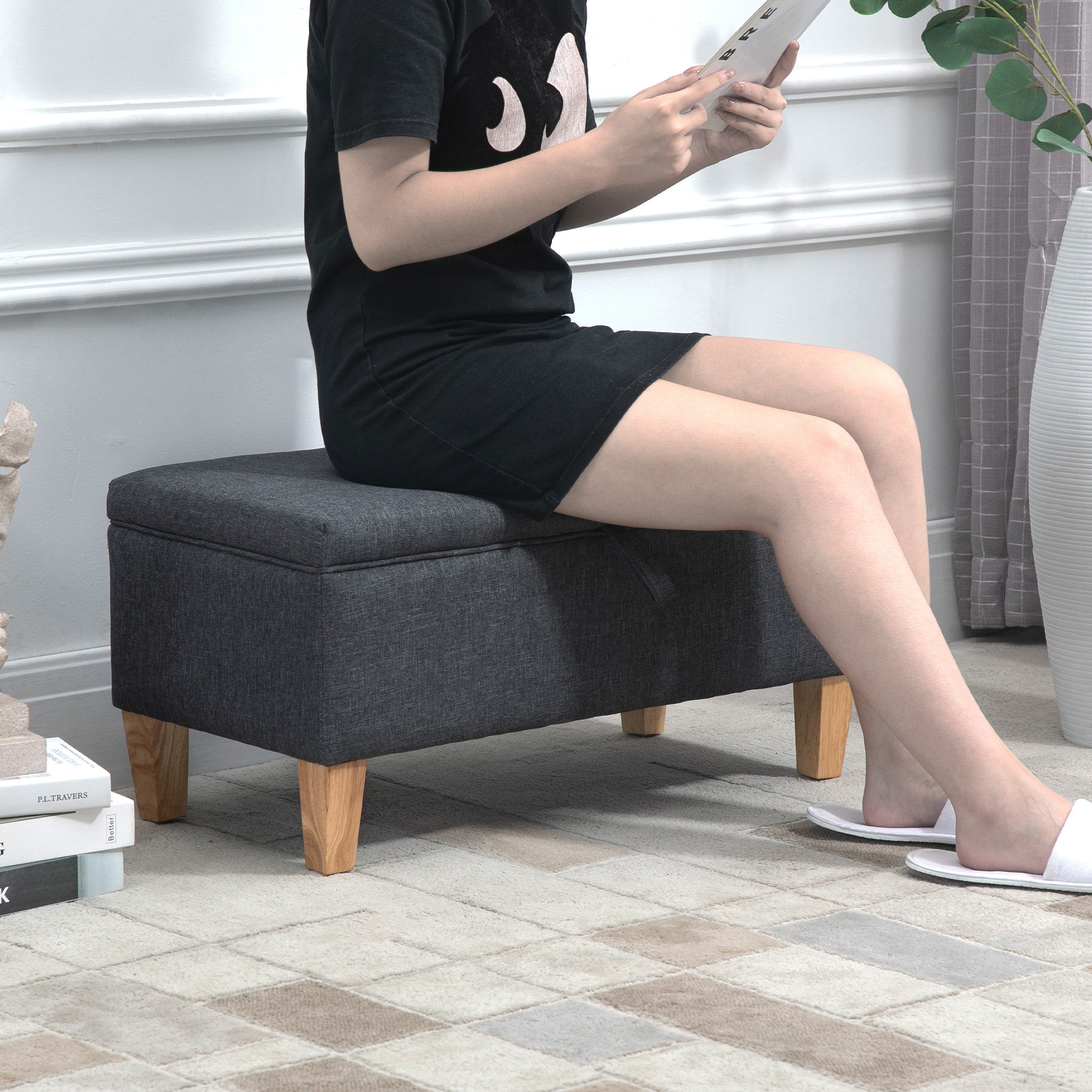 HOMCOM Linen Storage Ottoman Padded Footstool with Rubberwood Legs Ideal for Bed End, Shoe Bench, Seating, Dark Grey - North Peak Garden Furniture