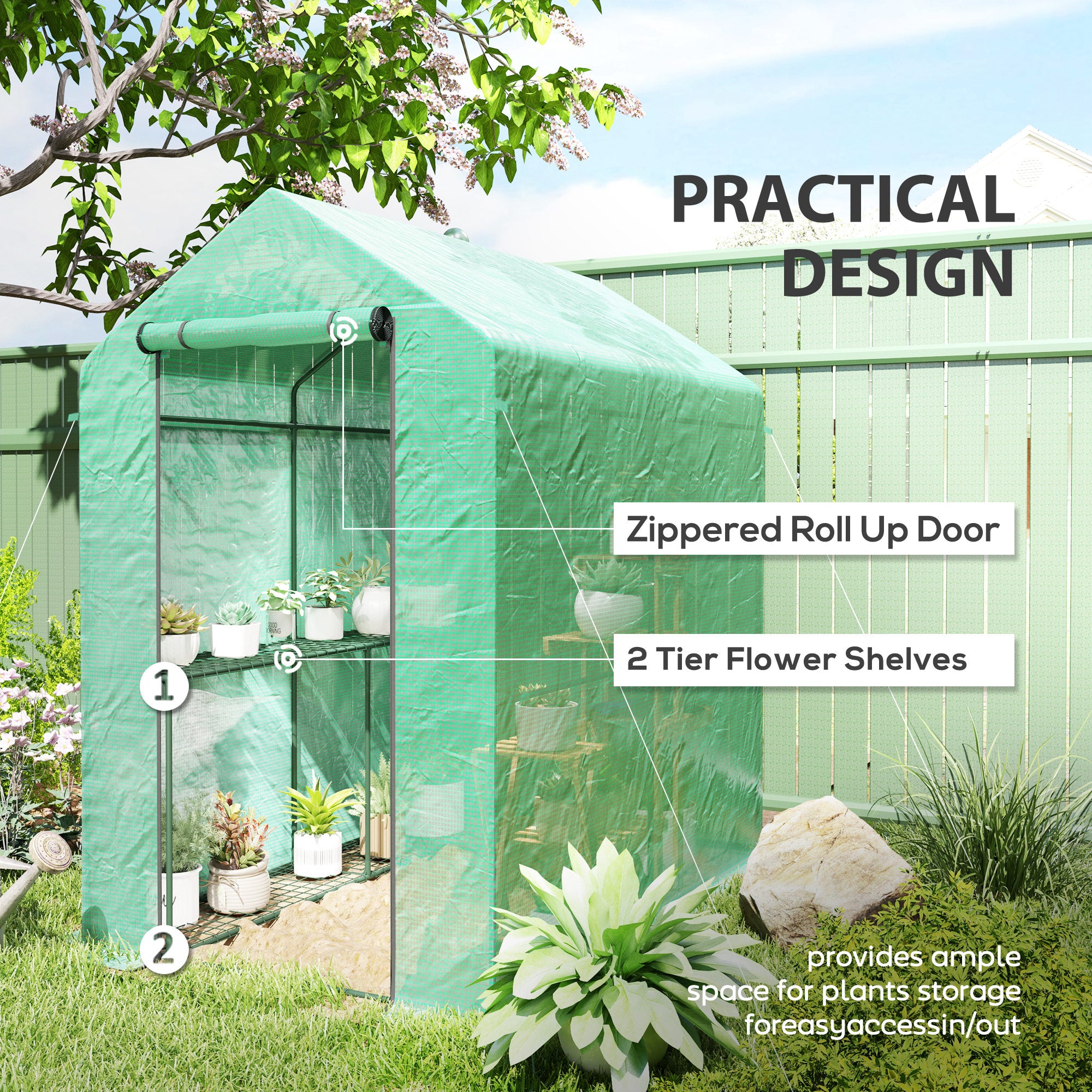 Outsunny 120 x 186cm Walk-In Greenhouse, with Shelves - Green - North Peak Garden Furniture
