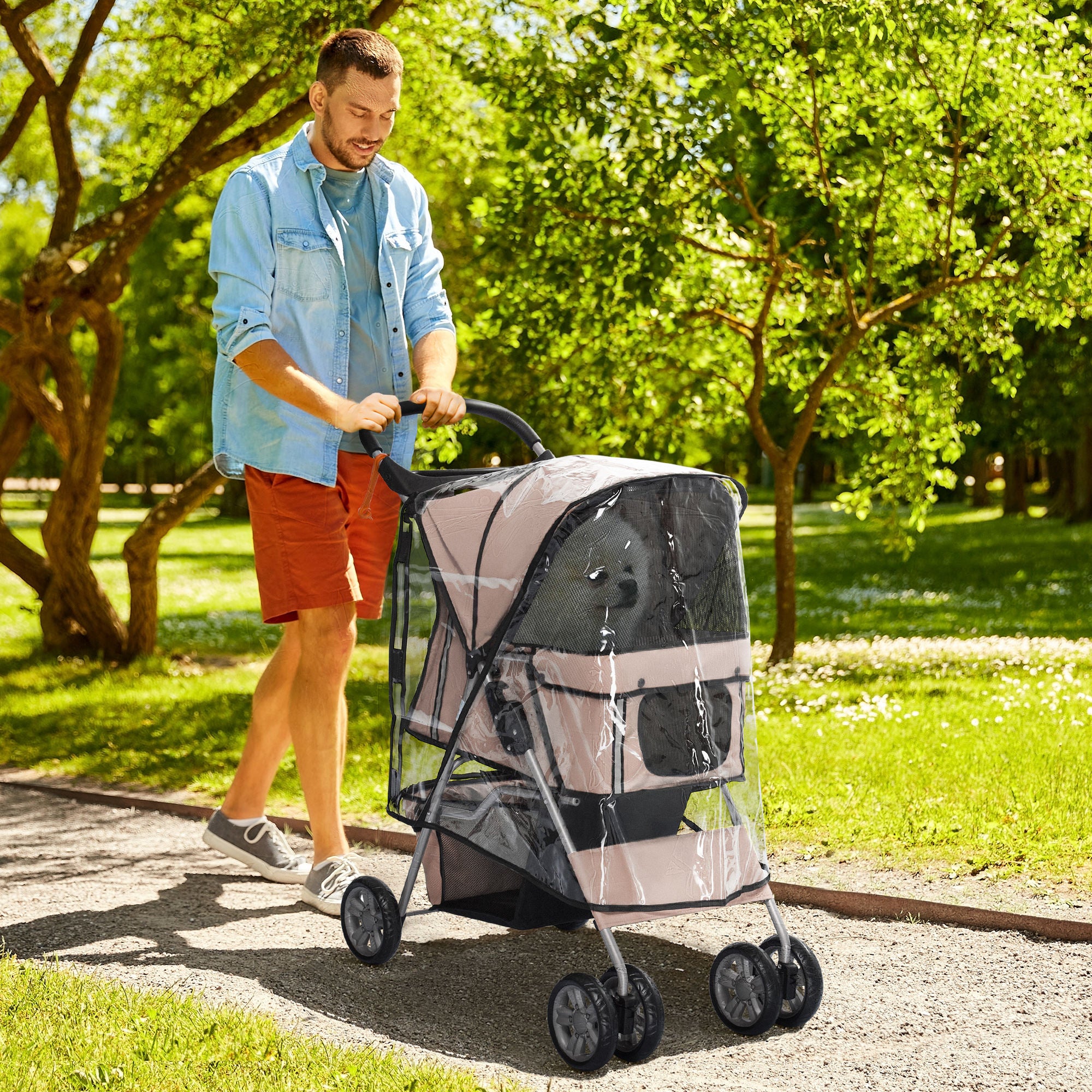 PawHut Dog Stroller with Rain Cover for Small Miniature Dogs, Folding Pet Pram with Cup Holder, Storage Basket, Reflective Strips, Brown - North Peak Garden Furniture