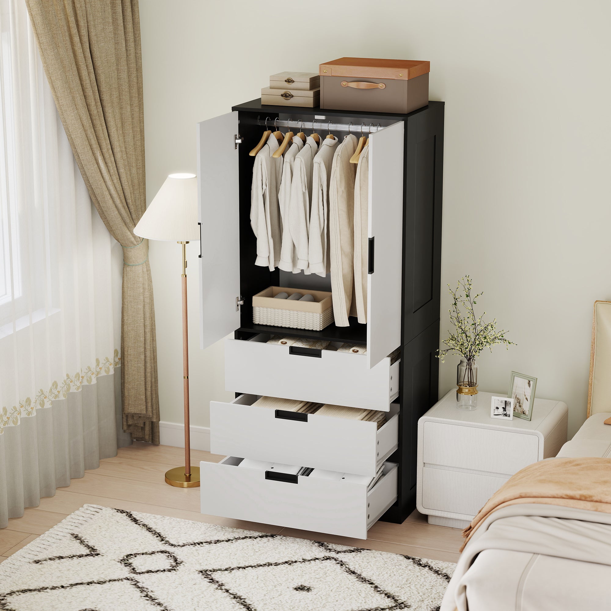 HOMCOM 2 Door Wardrobe, Modern Wardrobe with 3 Drawers and Hanging Rod for Bedroom, Black