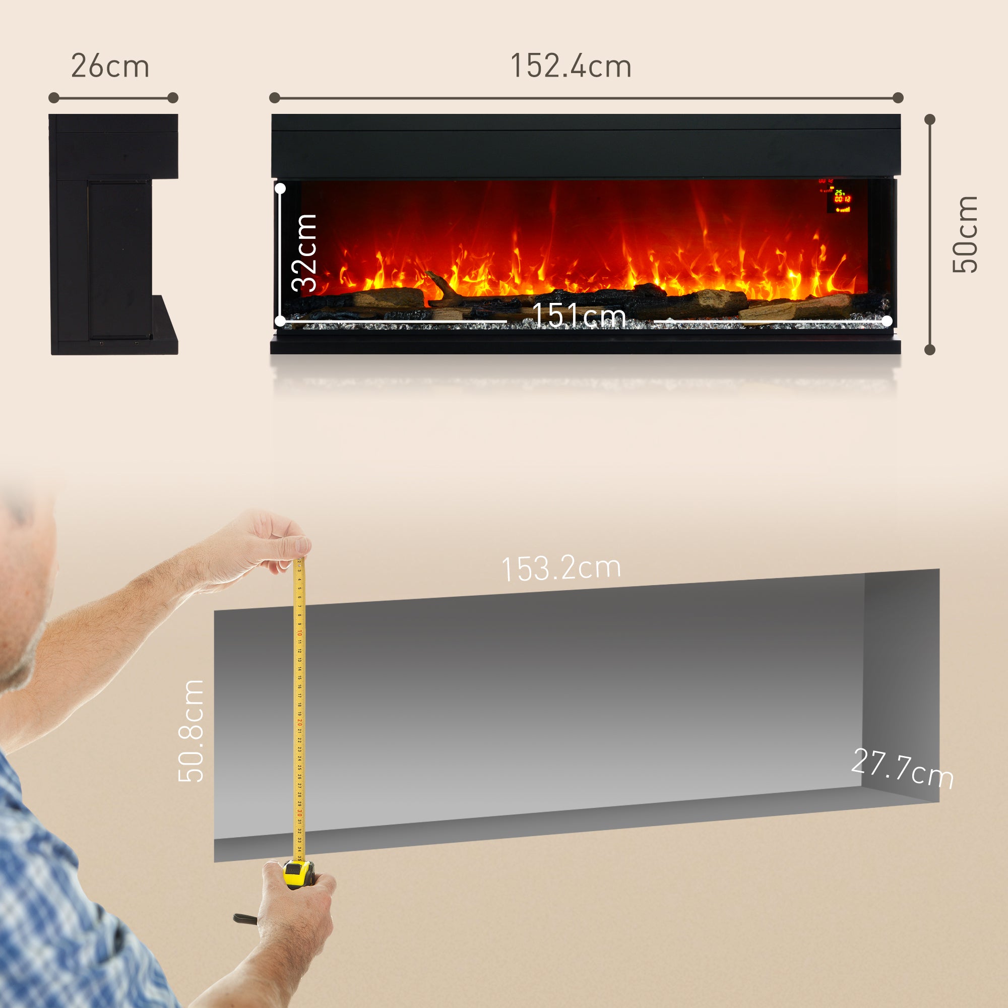 HOMCOM 1800W 15-40℃ Adjustable Flame Glass Panel Convector Heater, 152cm - North Peak Garden Furniture
