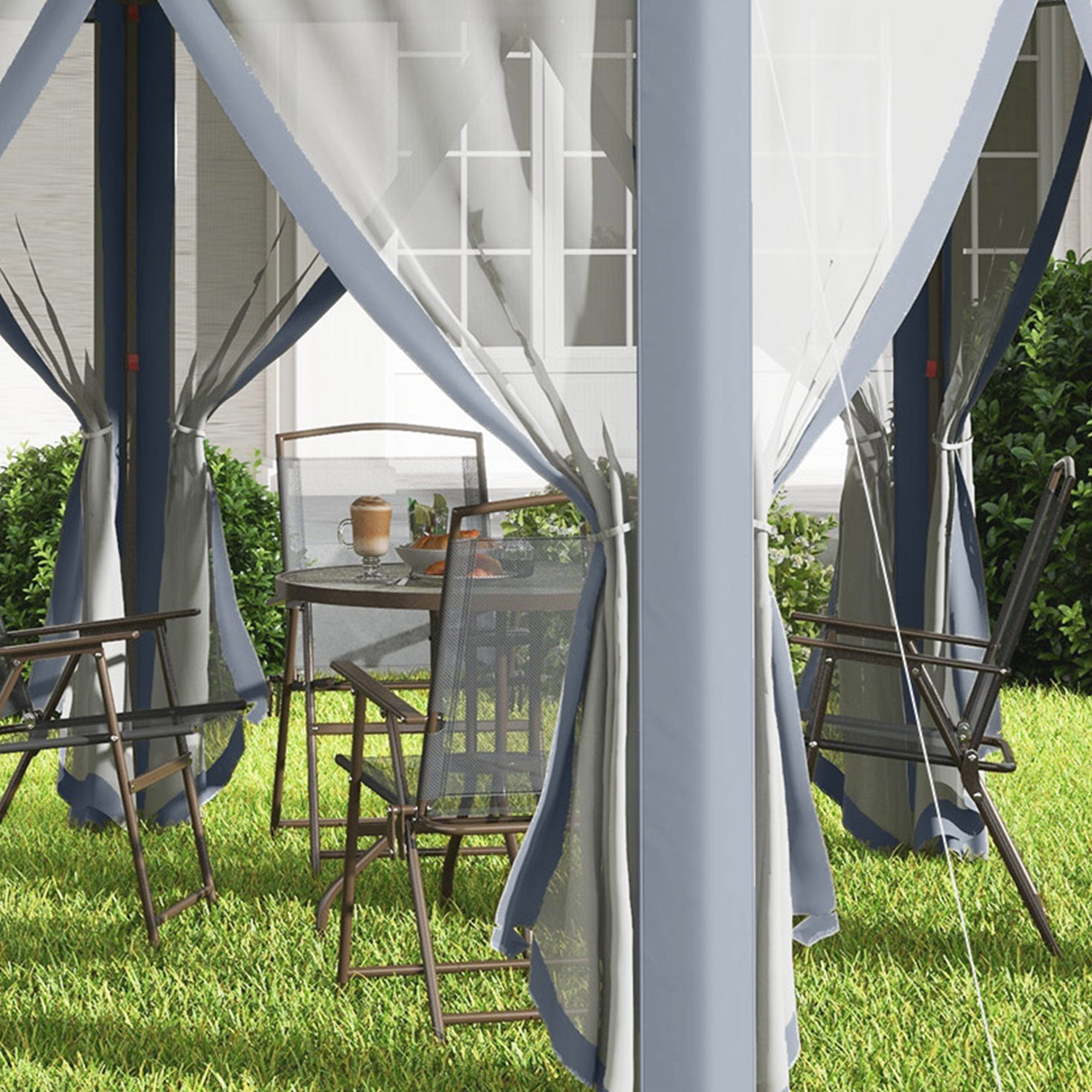 Outsunny 3 x 4m Metal Frame Hexagon Gazebo, with Curtains - Grey - North Peak Garden Furniture