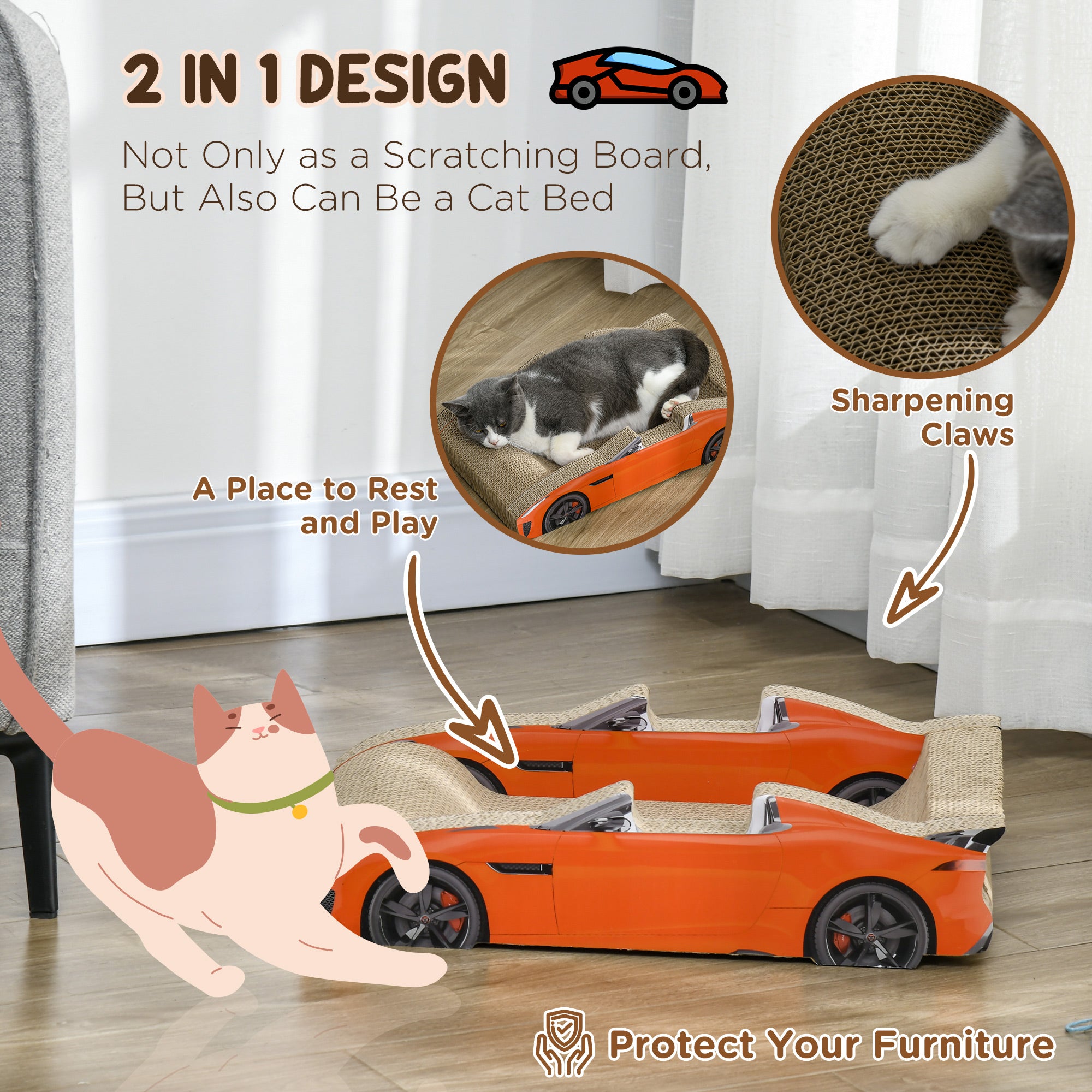 PawHut 2 in 1 Cat Scratching Board with Catnip, Car-shaped - North Peak Garden Furniture