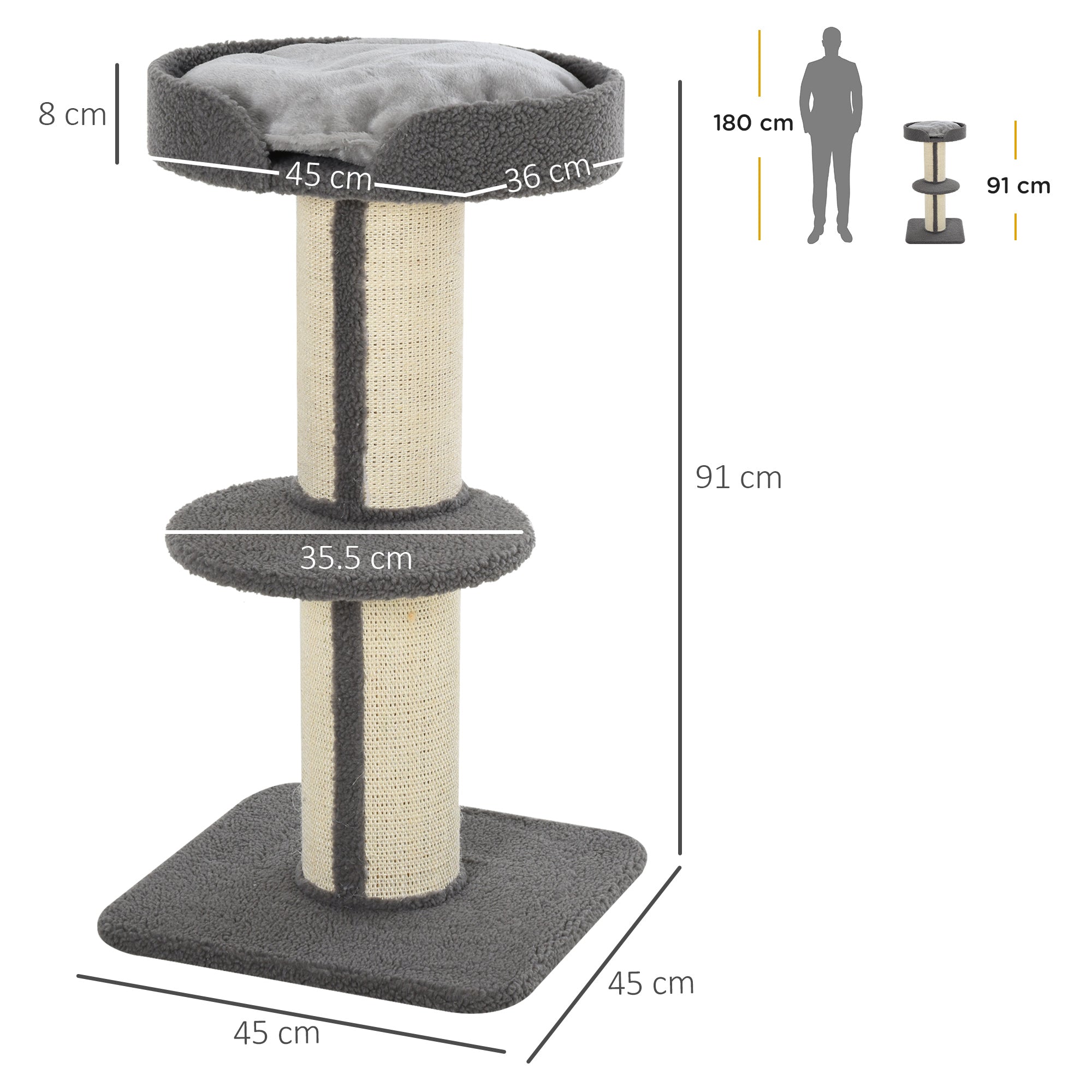 PawHut 81cm Cat Tree with Sisal Scratching Post, Cat Tower Kitten Activity Center climbing frame with large platform Lamb Cashmere Perch, Grey