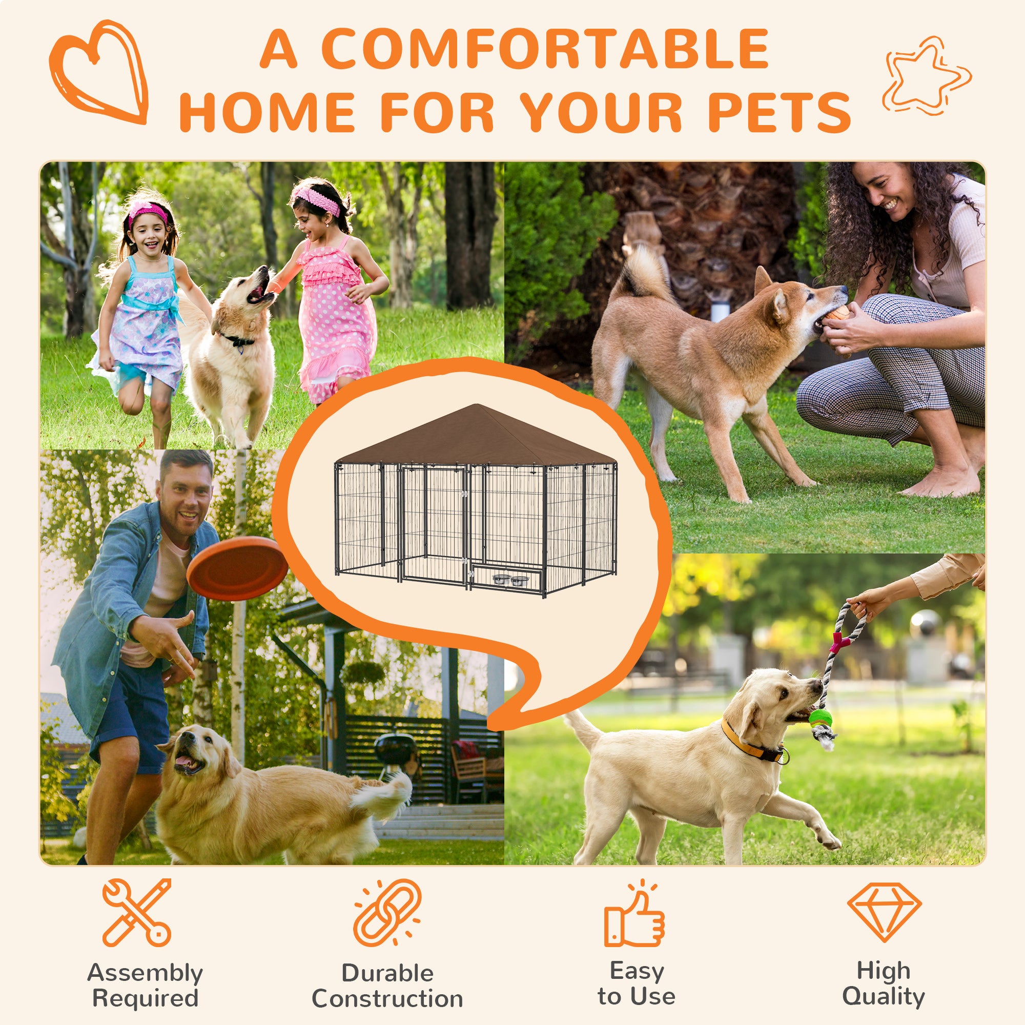 PawHut Outdoor Dog Kennel Puppy Play Pen with Canopy Garden Playpen Fence Crate Enclosure Cage Rotating Bowl 211 x 141 x 151 cm - North Peak Garden Furniture