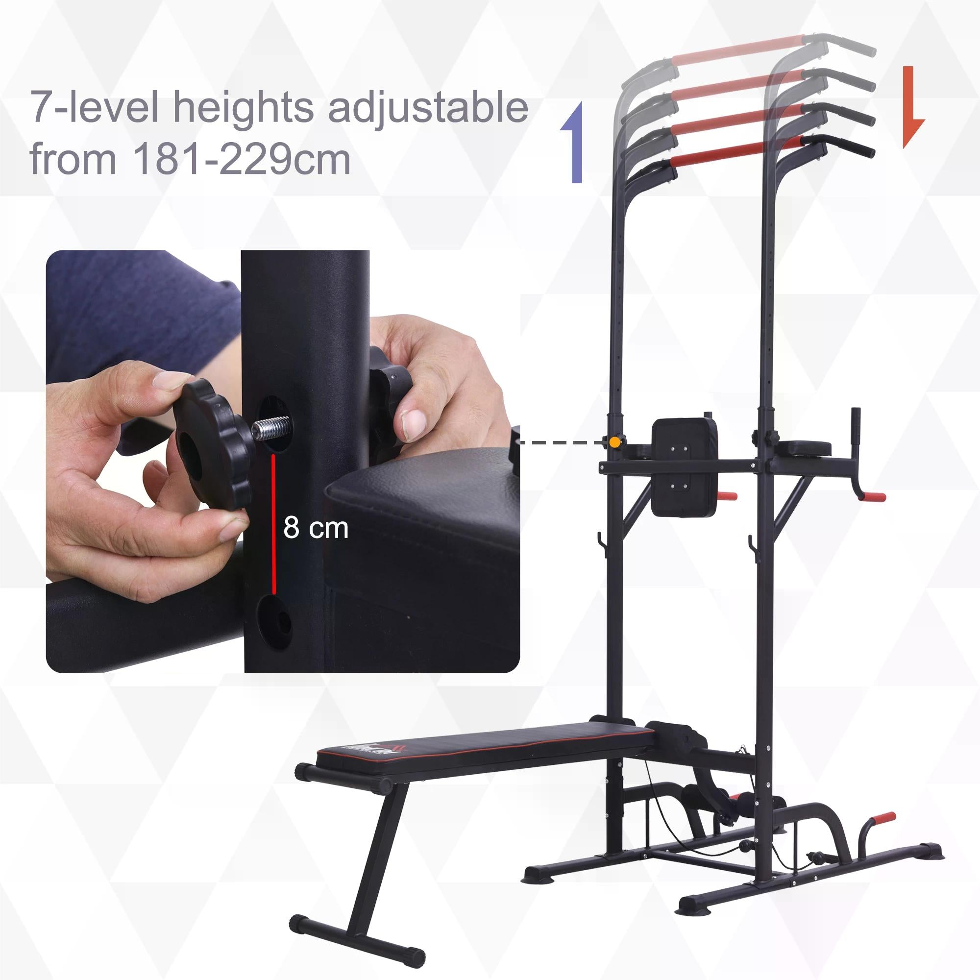 HOMCOM Multifunction Power Tower Home Workout Dip Station w/ Sit-up Bench Push-up Bars and Tension Ropes Fitness Equipment Office Gym Training