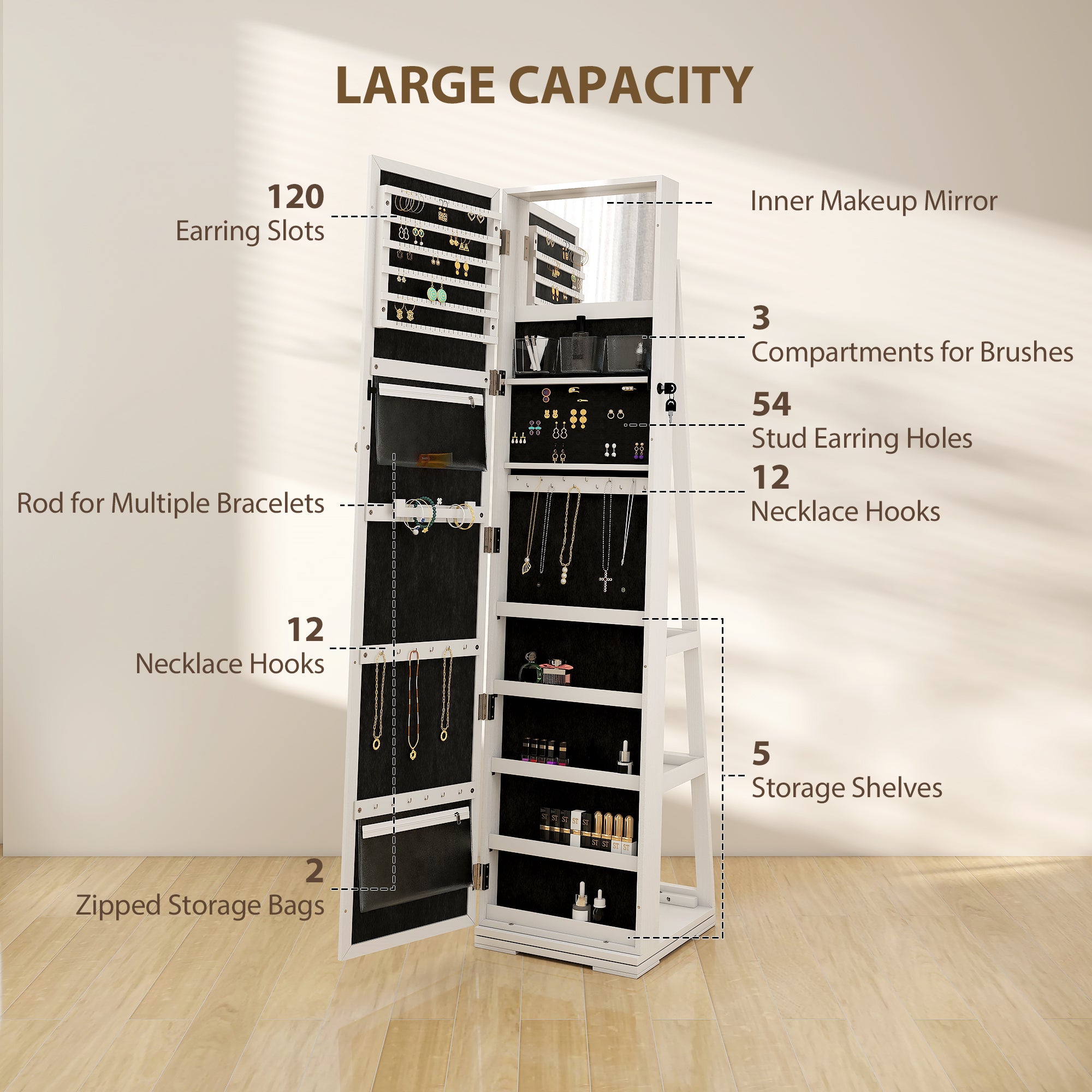 HOMCOM 360° Swivel Jewellery Cabinet, Mirror Armoire, Full Length Mirror, Lockable Jewellery Organizer with Built-In Small Mirror, White