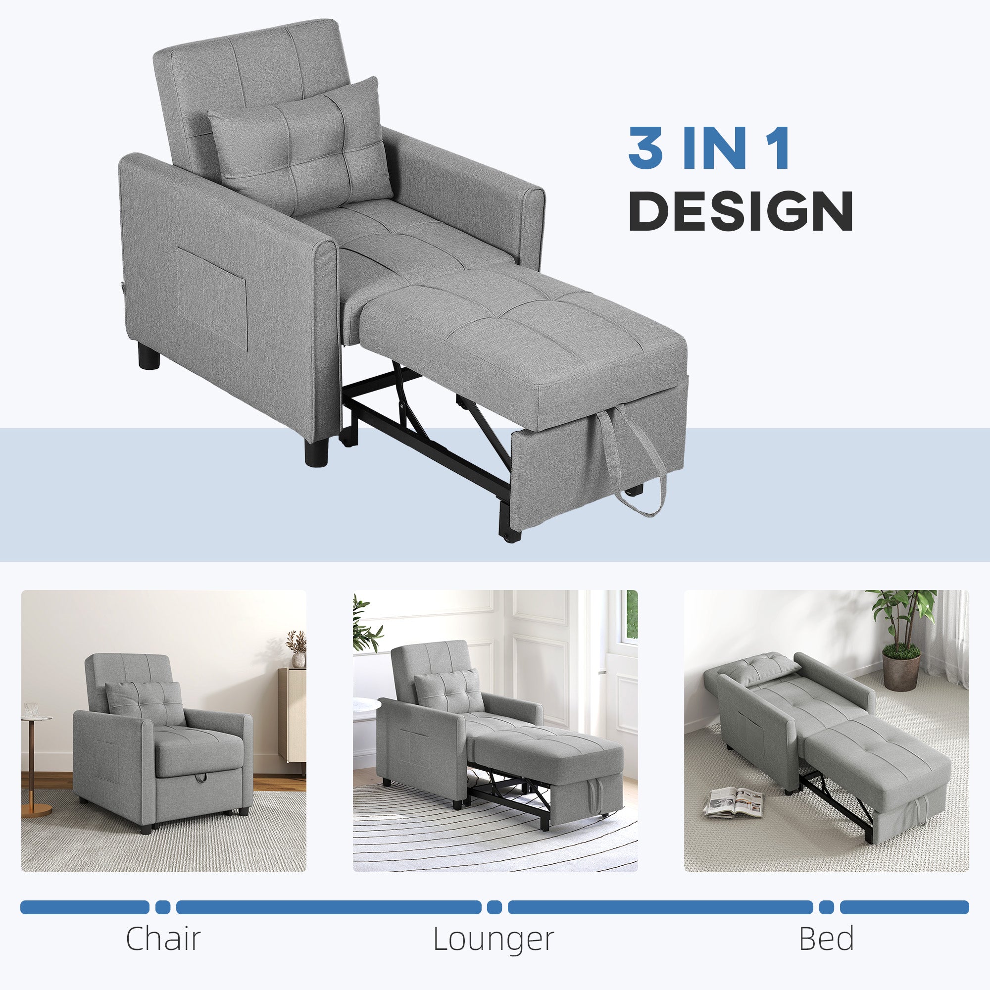 HOMCOM 3-In-1 Convertible Chair Bed, Pull Out Sleeper Chair with Adjustable Backrest, Side Pockets, Light Grey - North Peak Garden Furniture