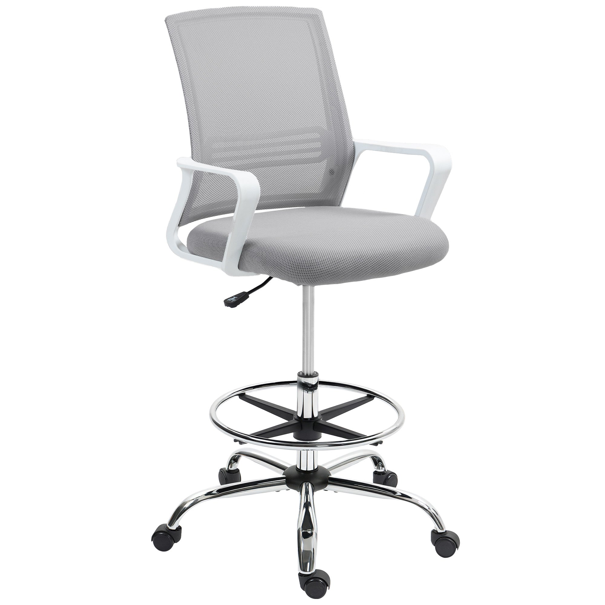 HOMCOM Draughtsman Chair, Mesh Drafting Chair, Ergonomic Office Chair with Lumbar Support, Adjustable Foot Ring, Grey - North Peak Garden Furniture