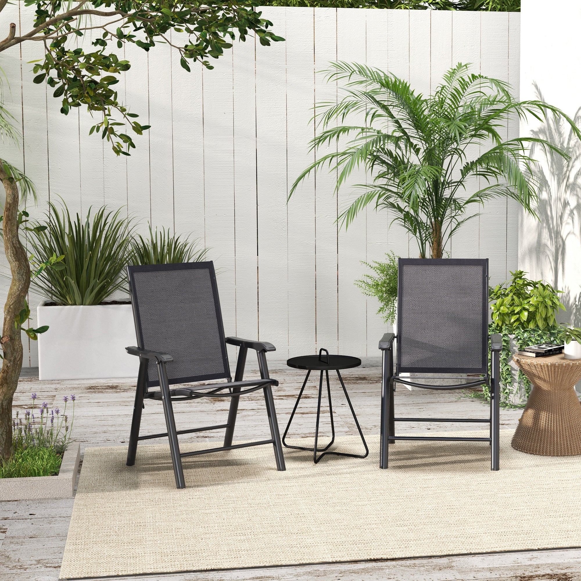 Outsunny Set of 2 Foldable Metal Garden Chairs Outdoor Patio Park Dining Seat Yard Furniture Dark Grey - North Peak Garden Furniture