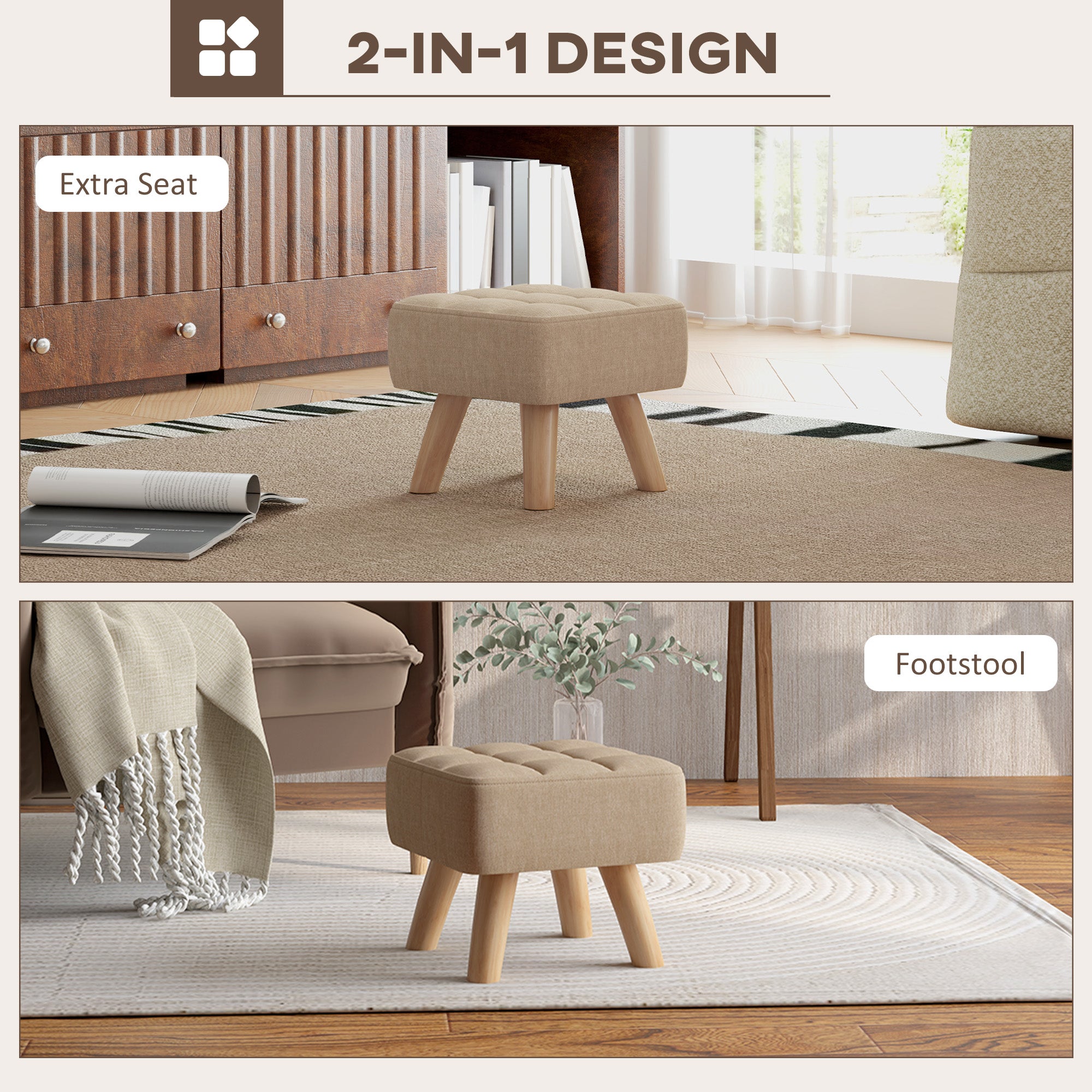HOMCOM Modern Tufted Footstool, Fabric Foot Stool with Rubber Wood Legs, Padded Seat, for Living Room, Bedroom, Entryway, Light Brown - North Peak Garden Furniture