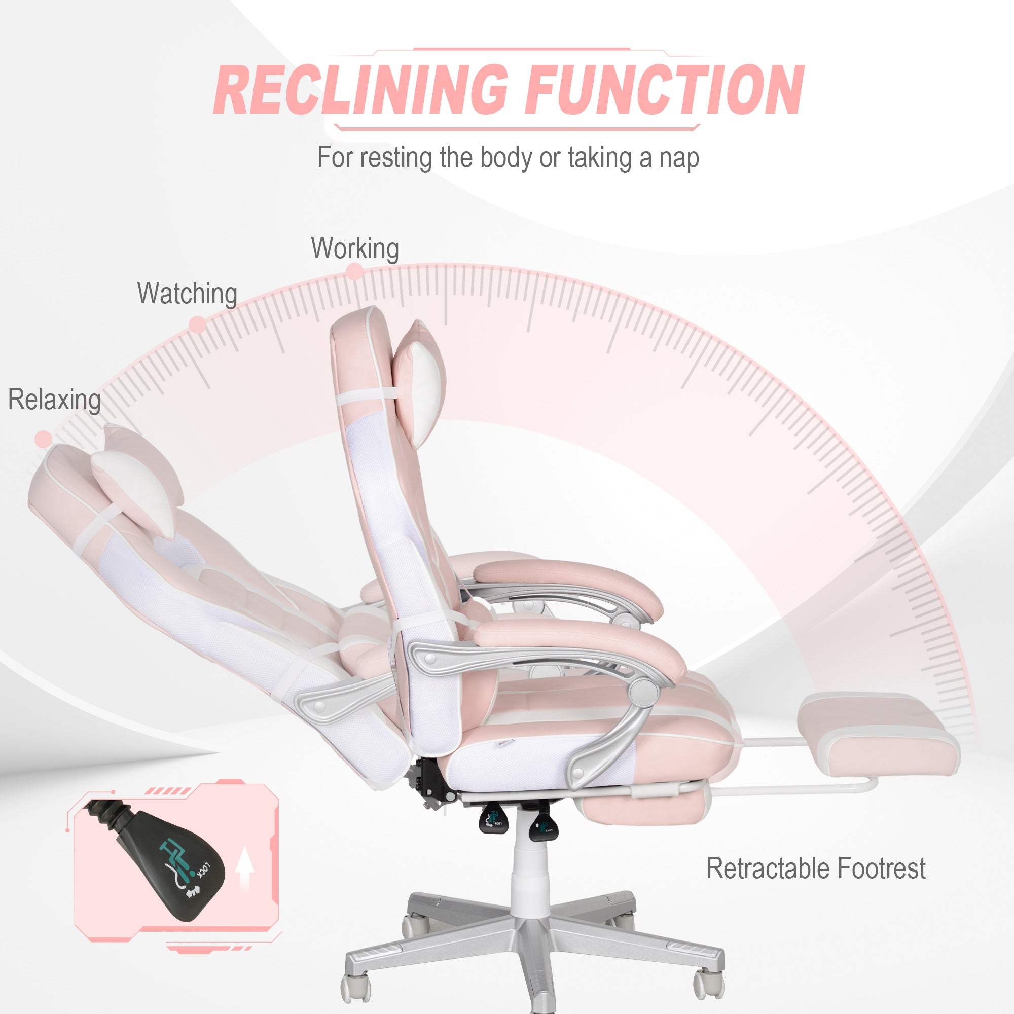 HOMCOM Faux Leather Reclining Gaming Chair, with Footrest - Pink/White - North Peak Garden Furniture