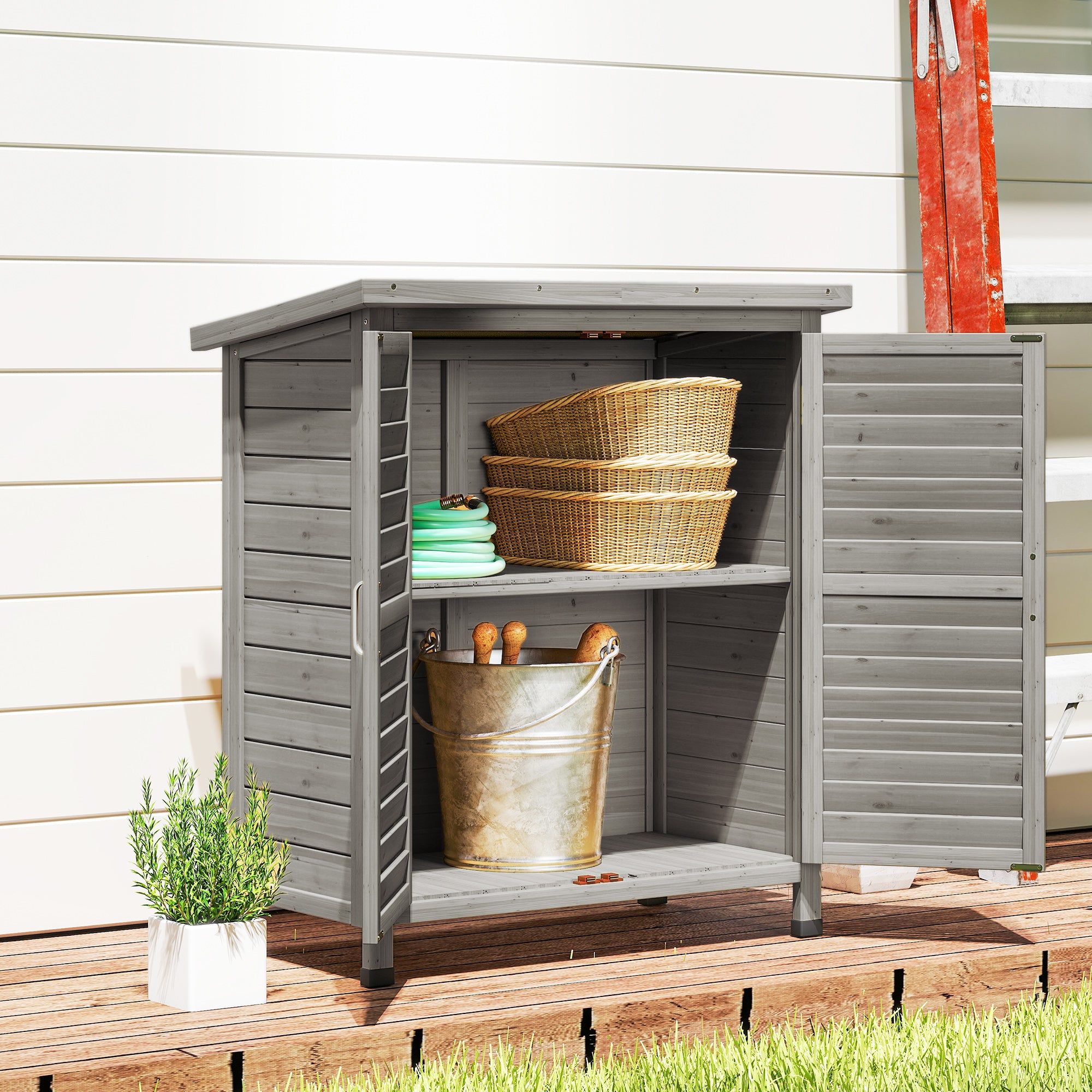 Outsunny Garden Shed Wooden Garden Storage Shed 2 Door Unit Solid Fir Wood Garage Tool Organisation Cabinet, 87L x 46.5W x 96.5Hcm, Grey