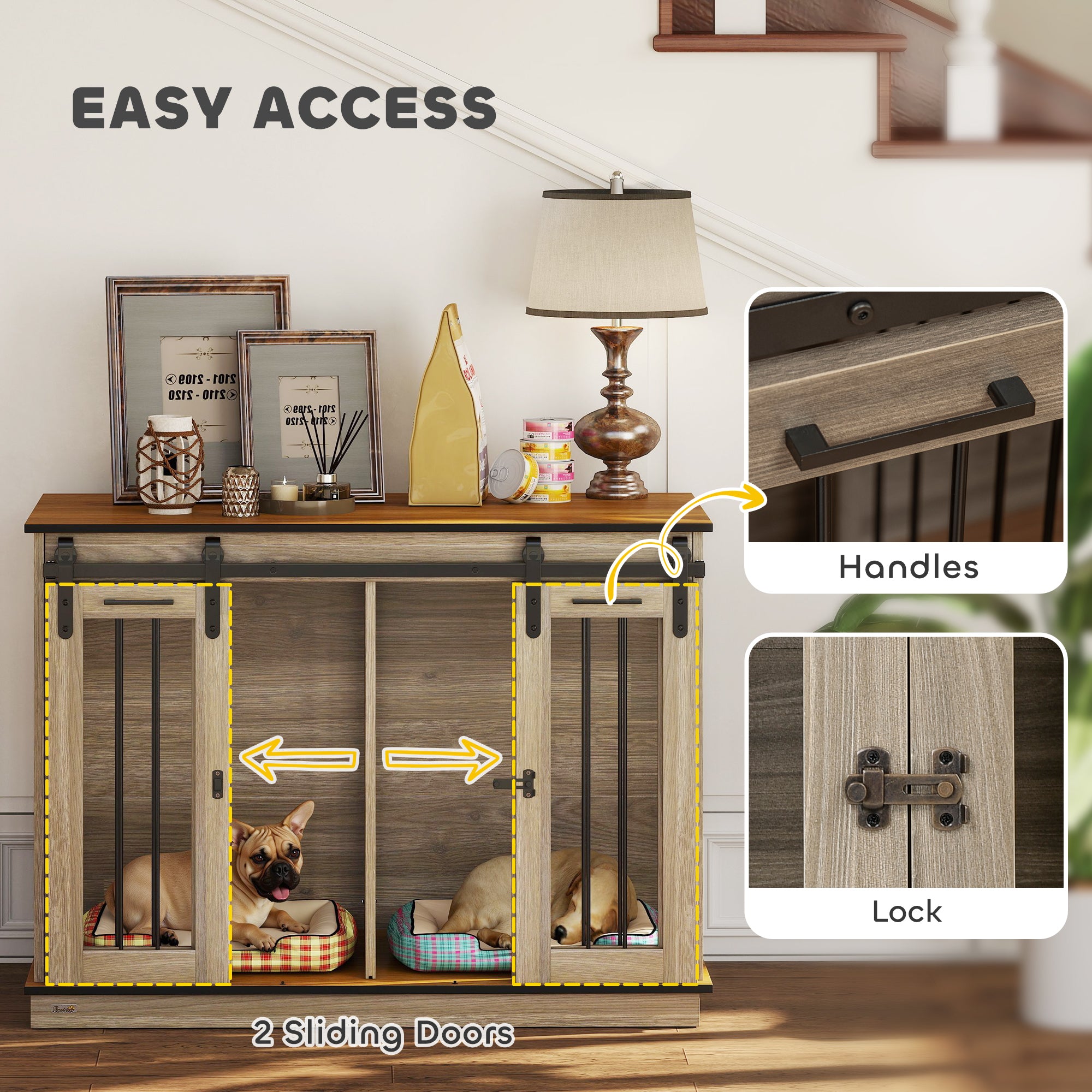 PawHut Dog Crate Furniture for Large Dogs, Double Dog Cage for Small Dogs, with Sliding Doors - Oak Tone