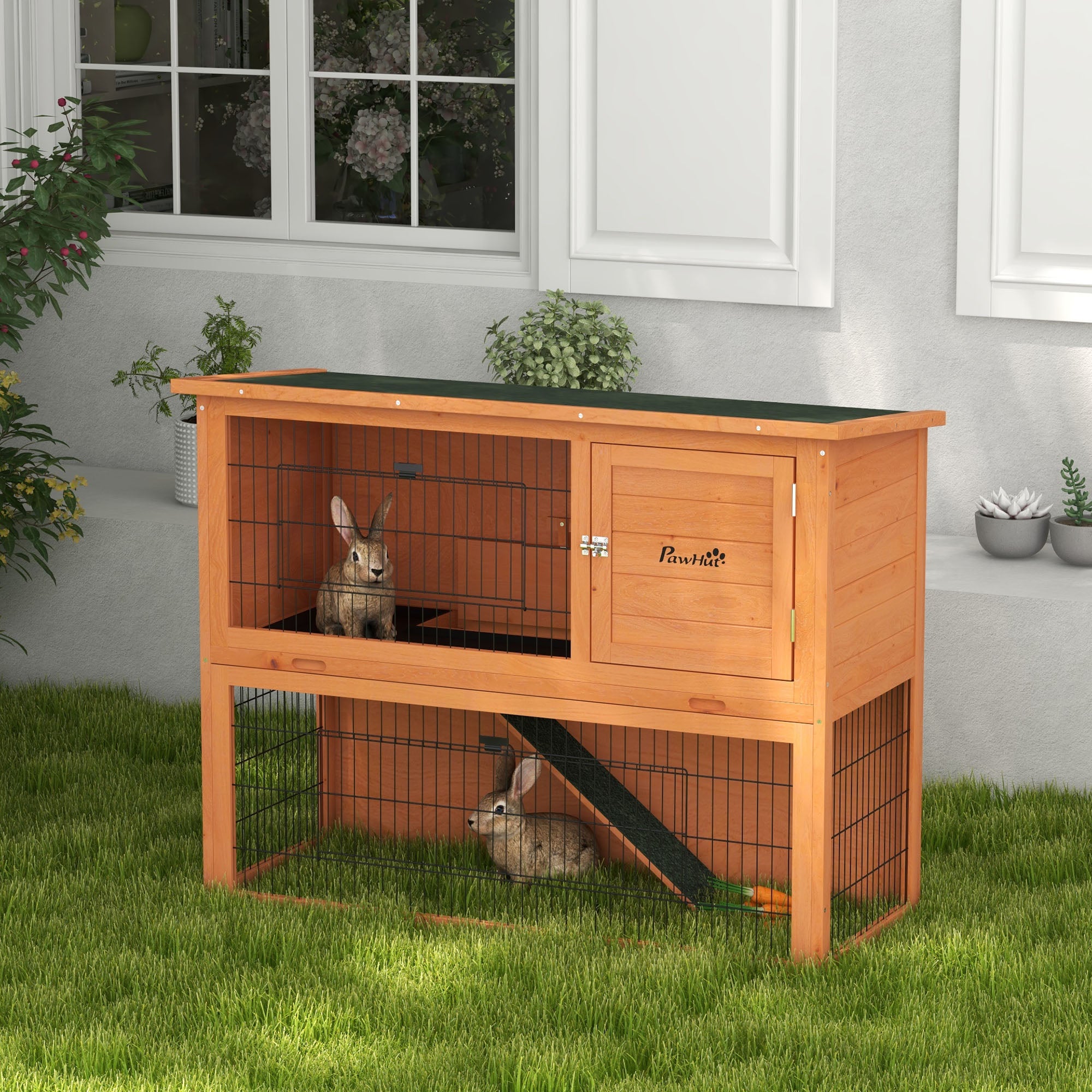 PawHut Two-Tier Antiseptic Wood Rabbit Hutch, 92cm Guinea Pig Hutch with Run - Orange