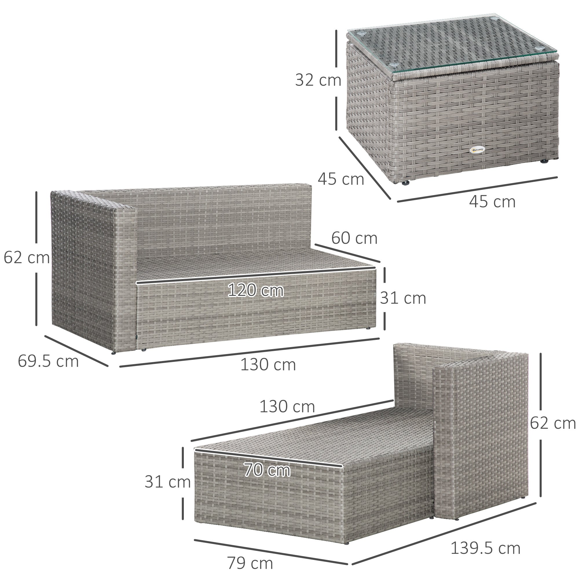 Outsunny PE Rattan Sofa Set Rattan Corner Sofa, 3 Pieces Outdoor Patio Wicker Conversation Chaise Lounge w/ Tempered Glass Table-top & Cushion Grey