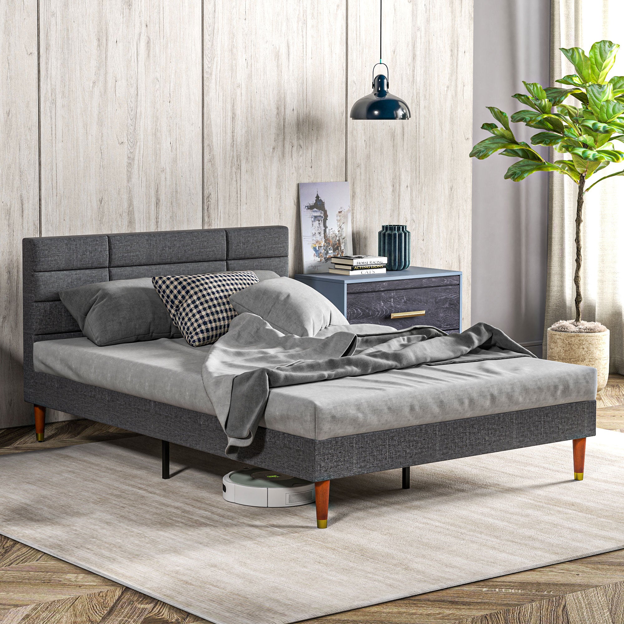HOMCOM Upholstered Double Bed Frame, with Slats - Grey - North Peak Garden Furniture