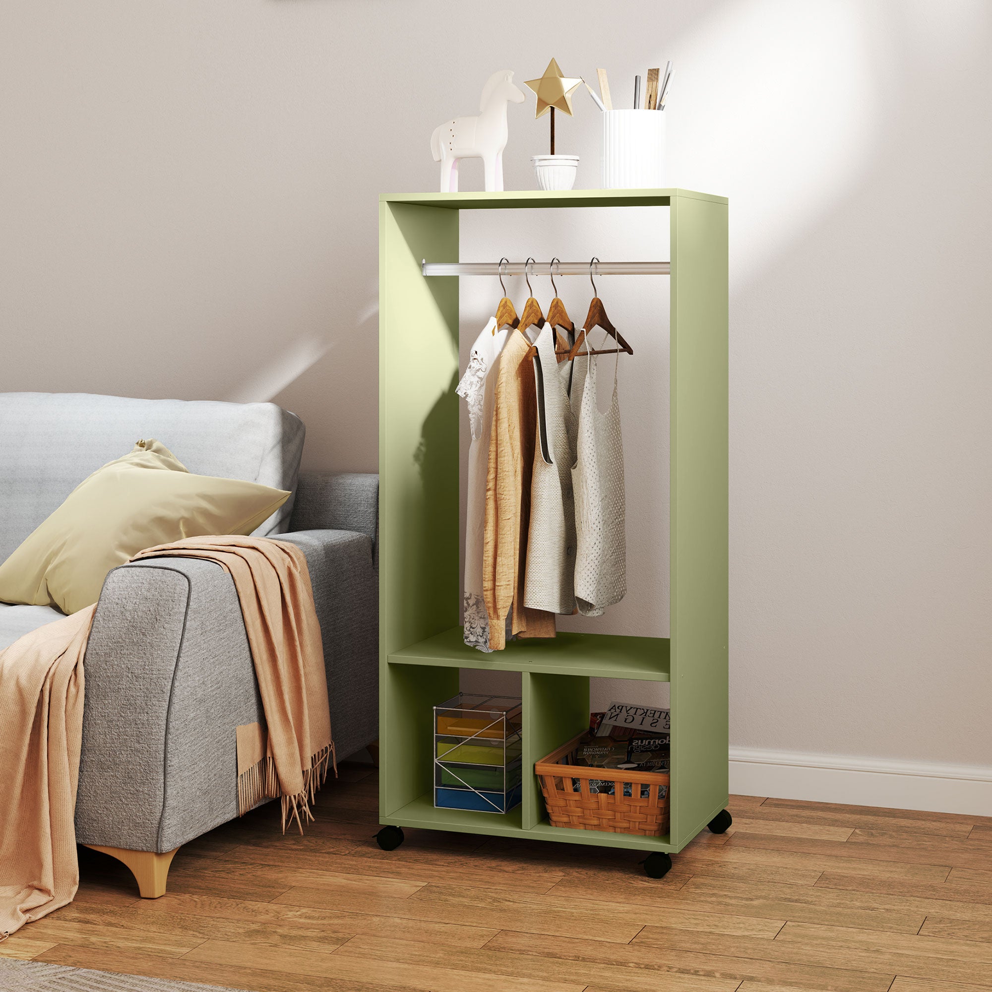 HOMCOM Open Wardrobe on Wheels, Bedroom Wardrobe with Clothes Hanging Rail, 2 Storage Shelves, Mobile Garment Rack for Cloakroom, Hallway, Green - North Peak Garden Furniture
