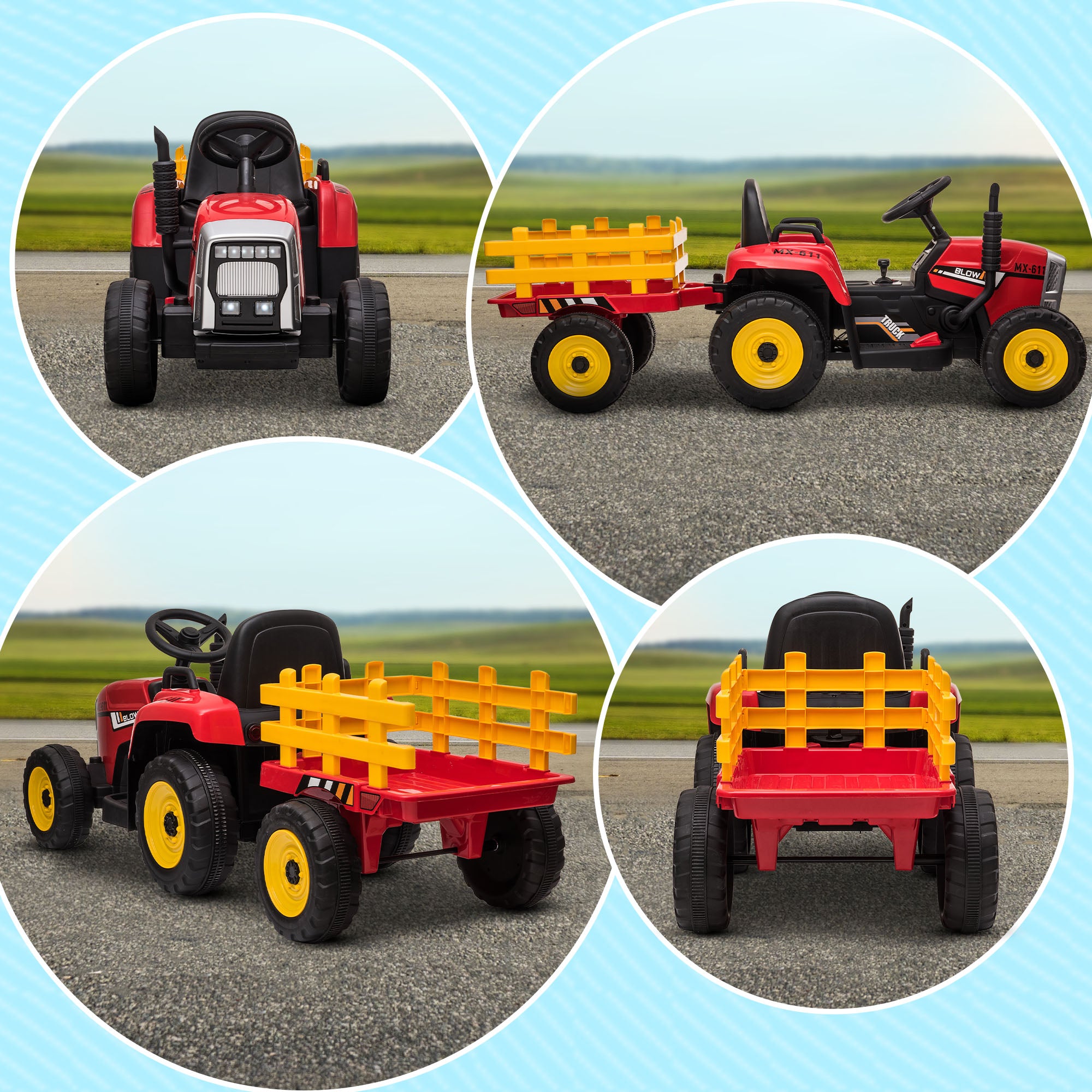 HOMCOM Ride On Tractor, Battery Powered Electric Car, with Detachable Trailer, Remote Control, Music - Red - North Peak Garden Furniture