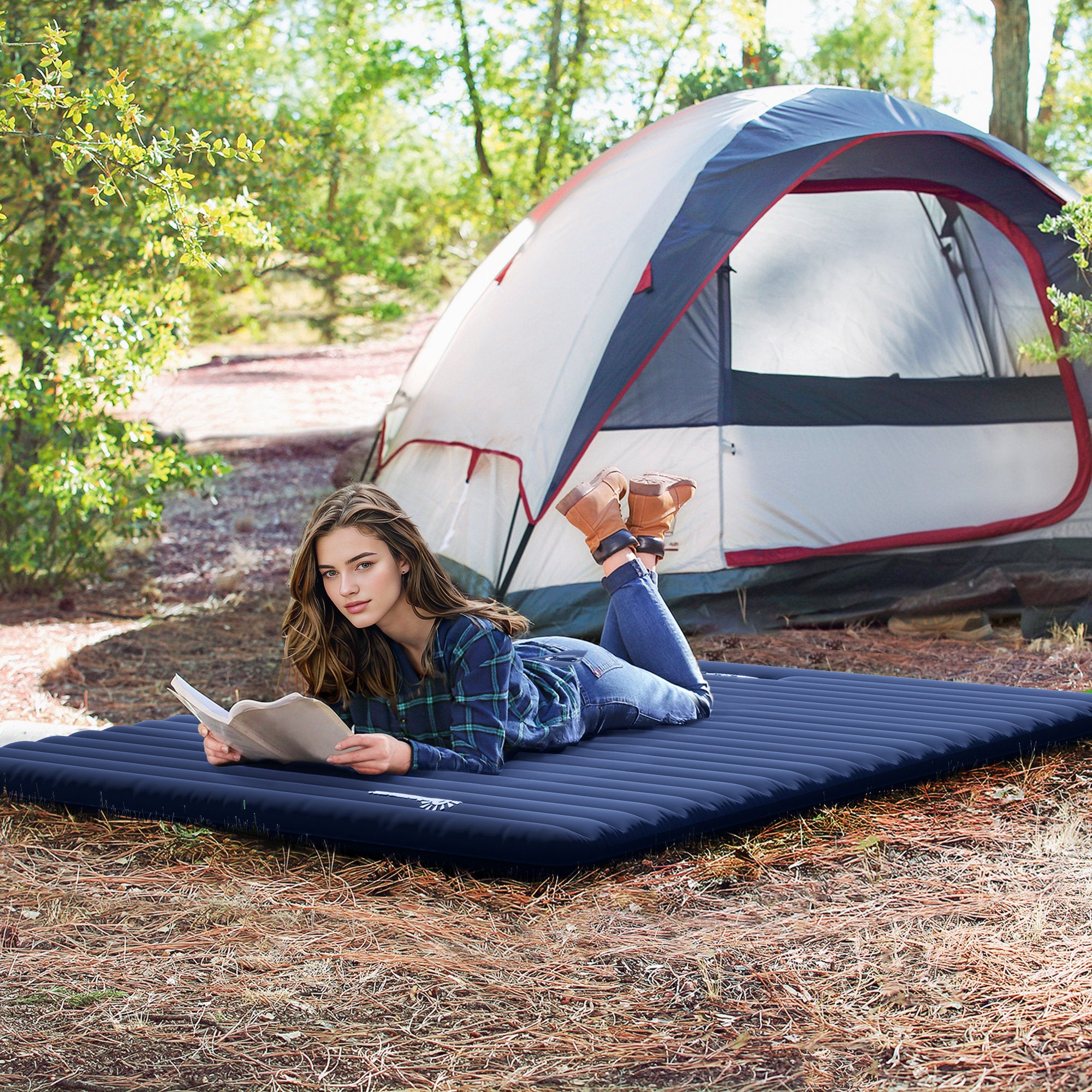 Outsunny 2 Person Camping Inflating Sleeping Mat Inflatable Mattress Ultralight Folding Bed Portable Air Bed for Outdoor Backpacking Hiking Travel - Blue - North Peak Garden Furniture