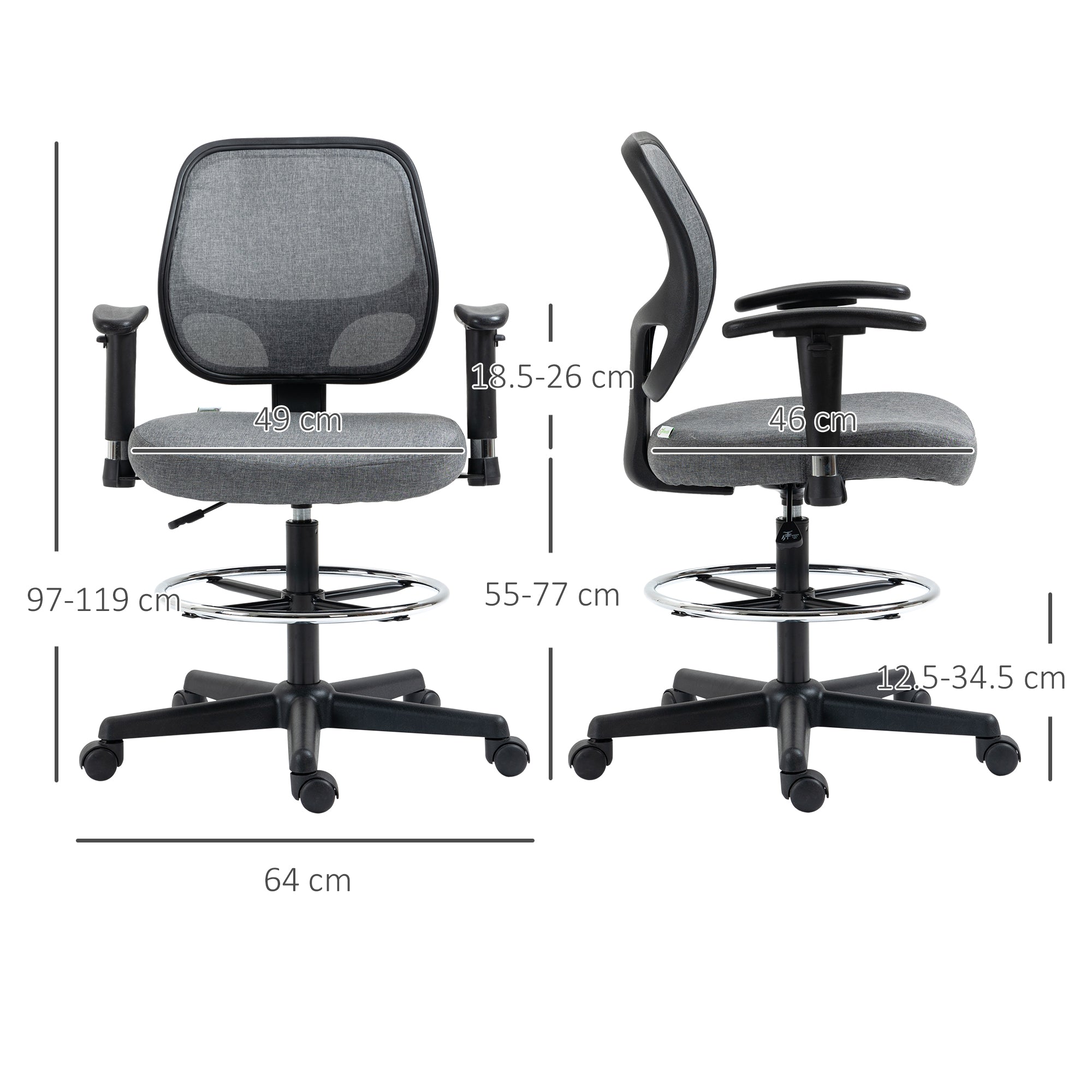 Vinsetto Drafting Chair, Fabric Office Chair, Ergonomic Painting Chair with Height Armrest Adjustable and Foot Ring, 360° Swivel Stool Chair for Standing Desk, Grey - North Peak Garden Furniture