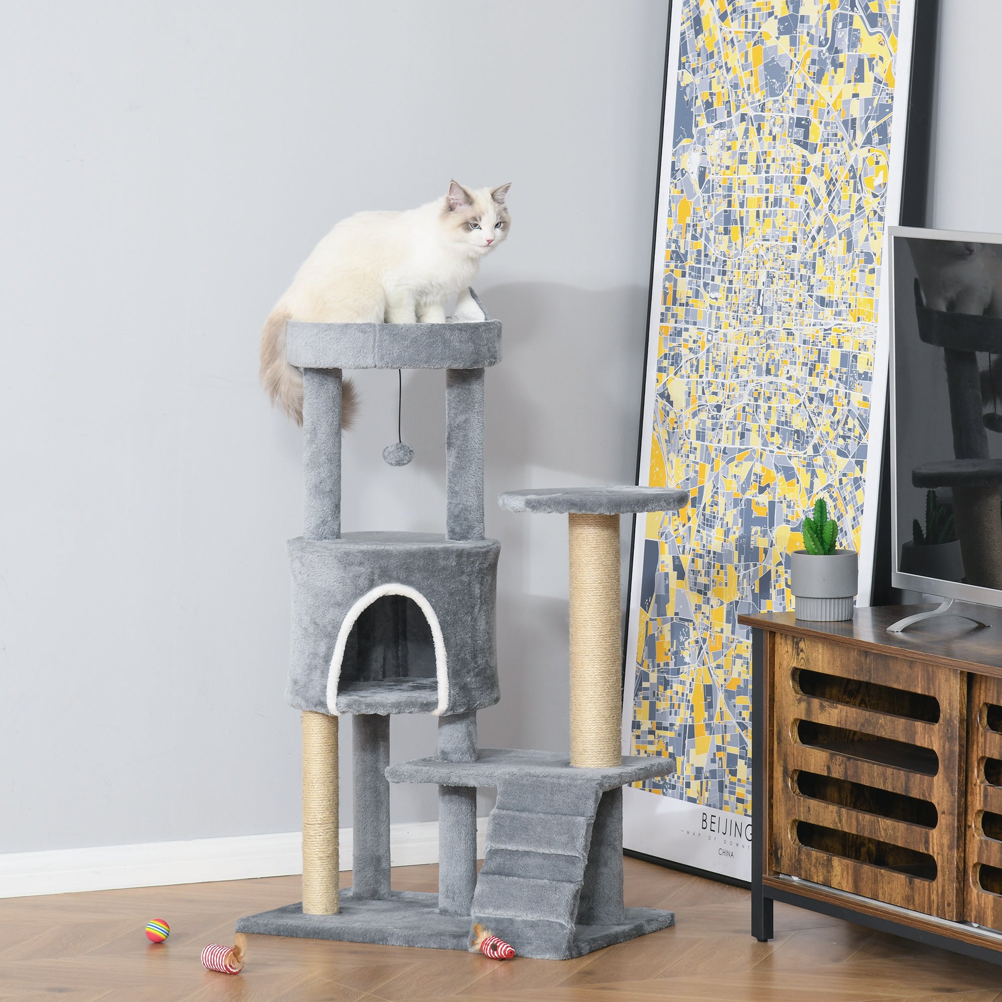 PawHut 100 cm Cat Tree, Cat Condo Tree Tower for Indoor Cats, Cat Activity Centre with Scratching Posts, Plush Perch, Ladder, Hanging Ball - Light Grey