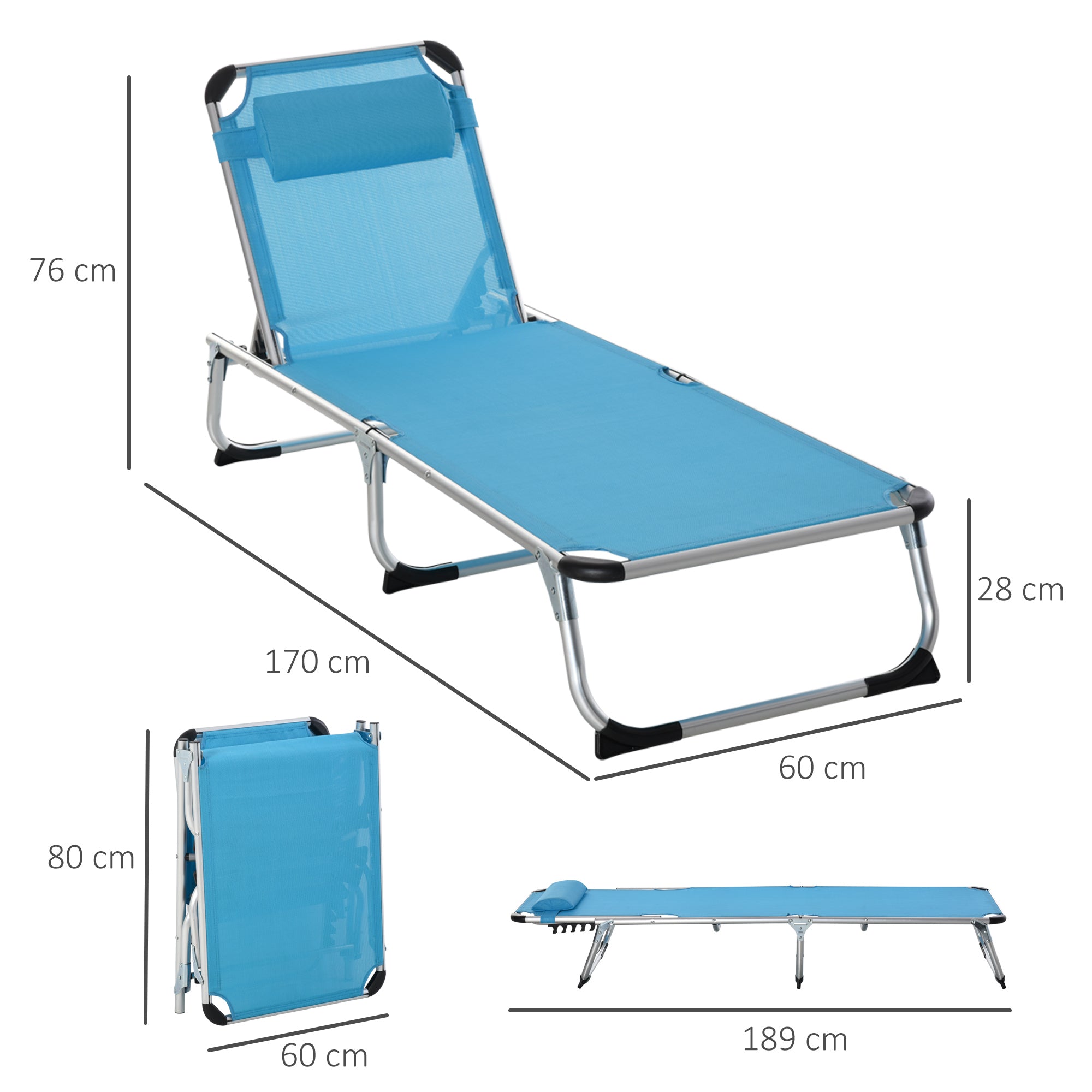 Outsunny 2 Pieces Foldable Outdoor Sun Lounger with Pillow, 5-Level Adjustable Reclining Lounge Chair, Aluminium Frame Camping Bed Cot, Blue - North Peak Garden Furniture