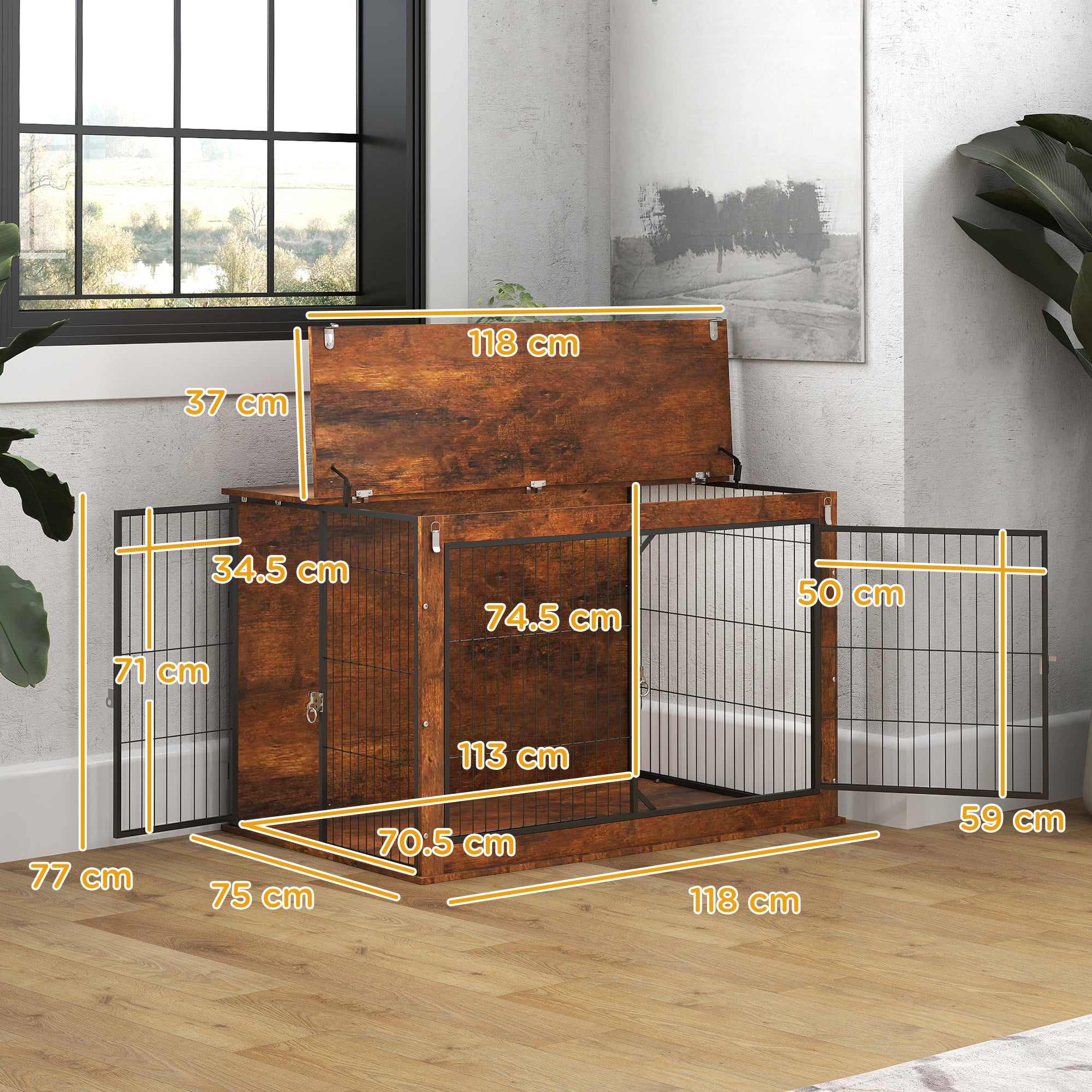 PawHut Dog Crate Furniture with Flip-up Top, 2 Doors, for Extra Large Dogs, 118 x 75 x 77cm, Rustic Brown - North Peak Garden Furniture