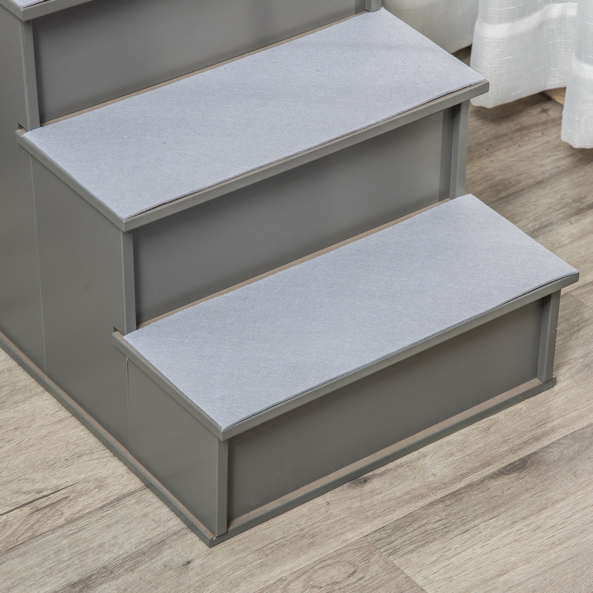 PawHut 4 Step Wooden Dog Steps Pet Stairs for Dogs, Cat Ladder for Bed Couch with Non-Slip Carpet 40 x 59 x 54.2 cm, Grey - North Peak Garden Furniture