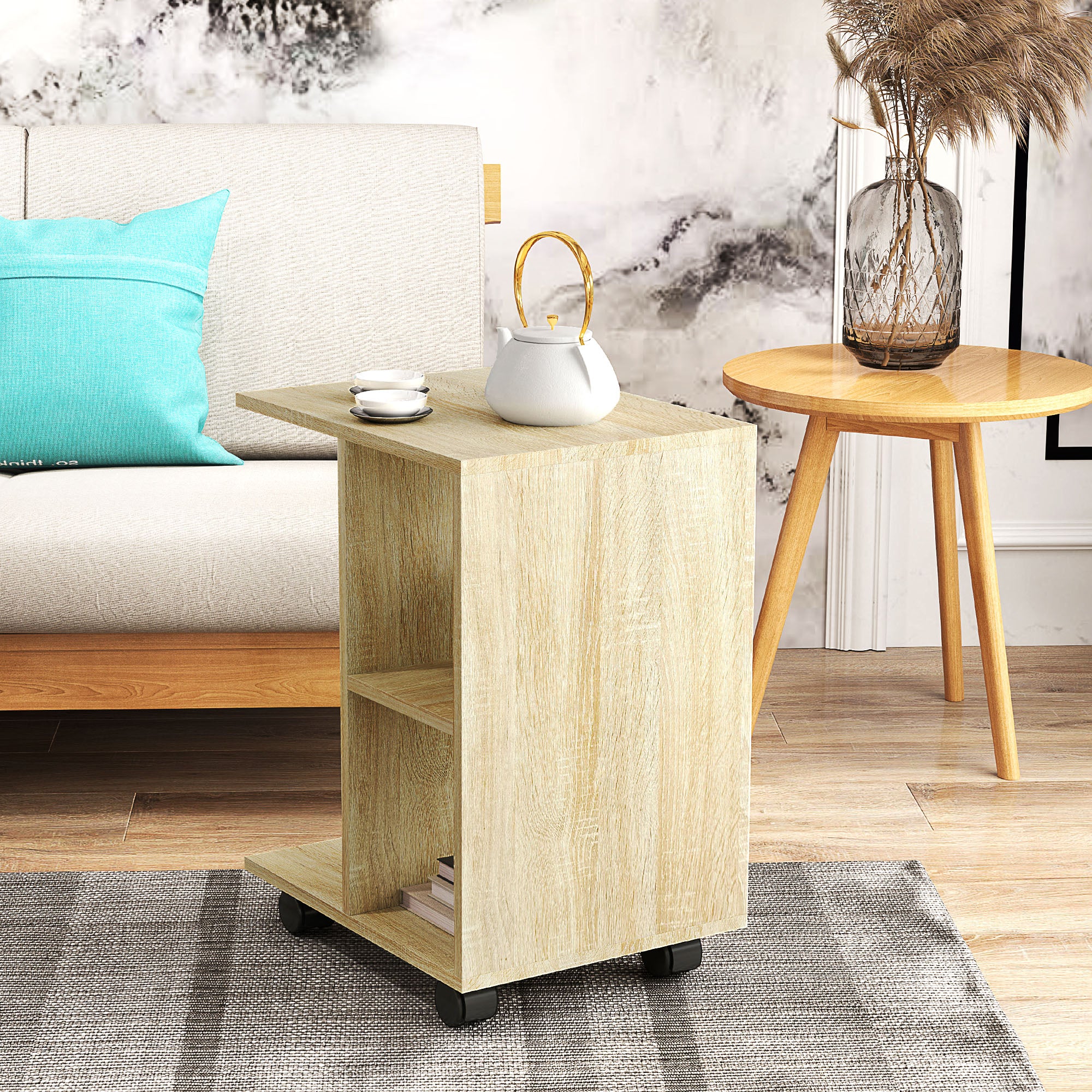 HOMCOM C-Shape End Table Unique Storage Unit w/ 2 Shelves 4 Wheels Freestanding Home Office Furniture Cabinet Square Studio Natural - North Peak Garden Furniture