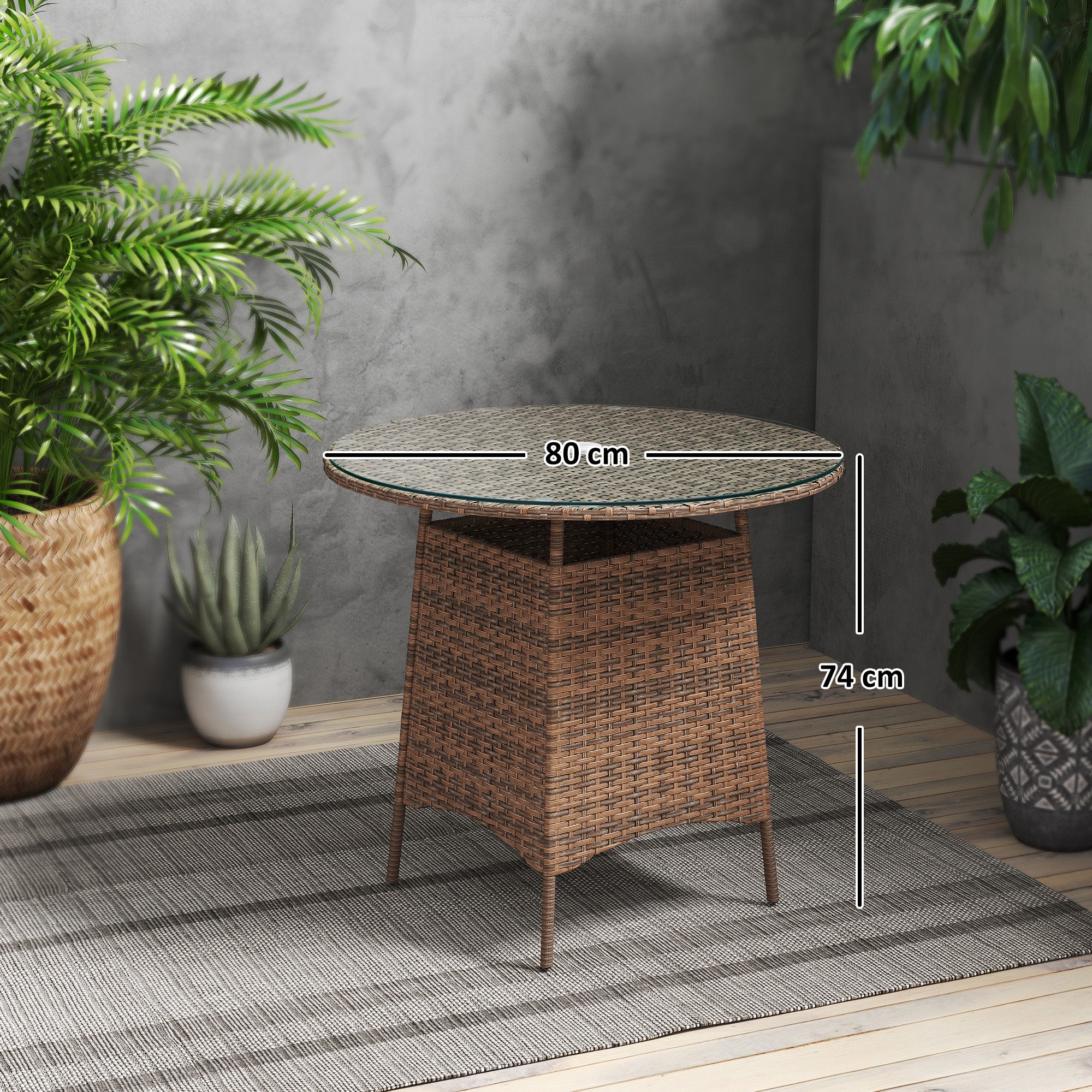 Outsunny Wicker Garden Rattan Table, Patio Furniture Outdoor Coffee Table with Umbrella Hole and Tempered Glass Top, Brown - North Peak Garden Furniture