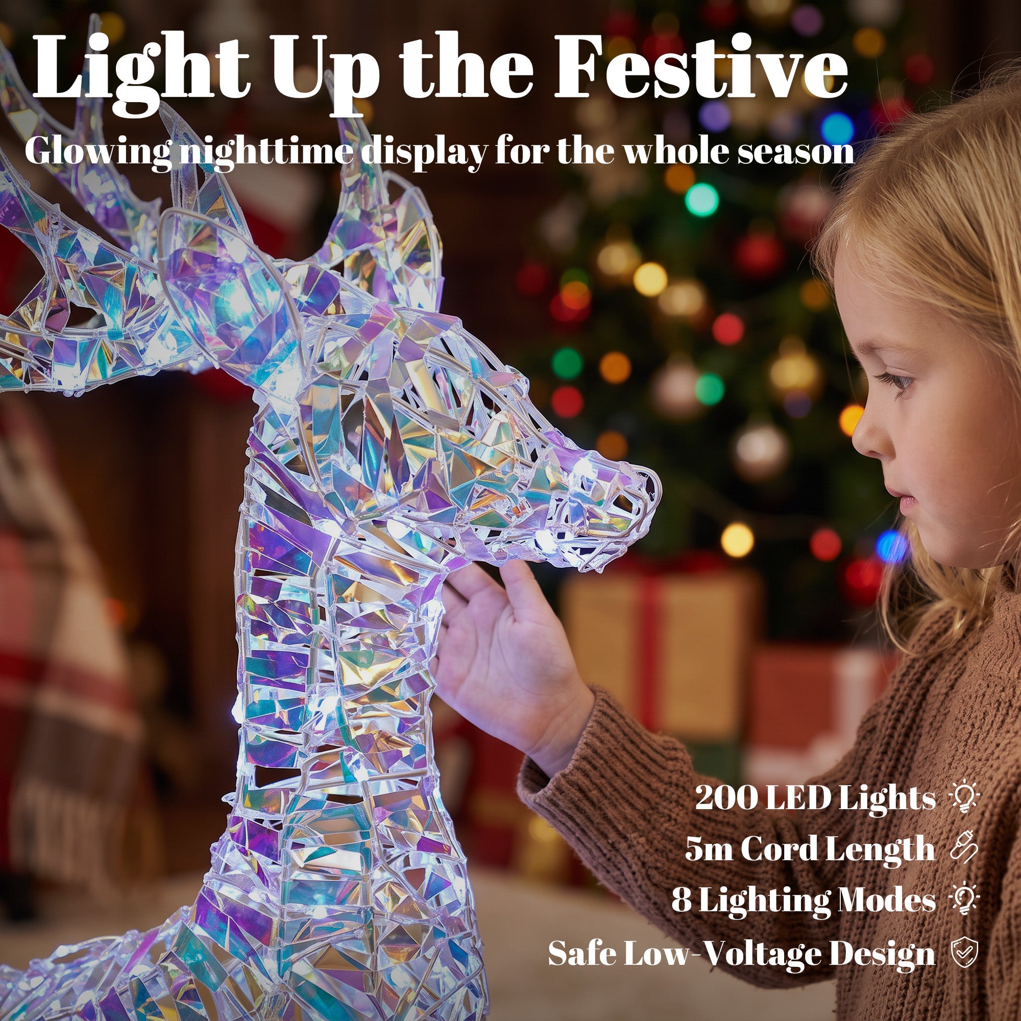 Outsunny 3-Piece Lighted Reindeer Family Set, Iridescent Outdoor Christmas Decoration, Deer Family with 8 Modes, Daily Timer