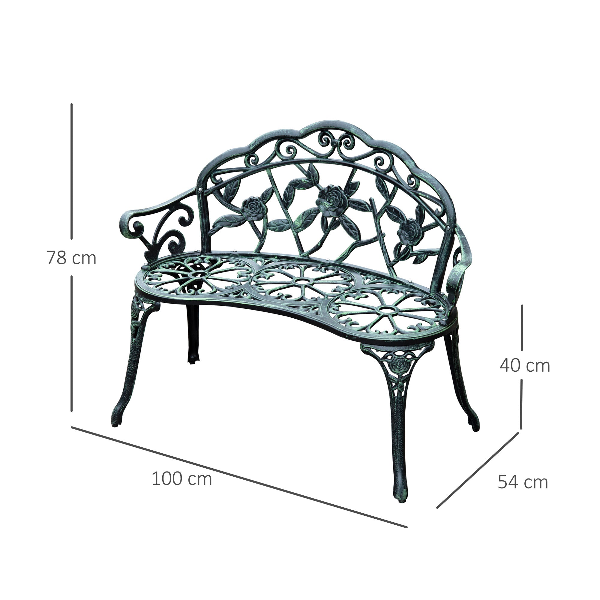 Outsunny Cast Aluminium Outdoor Garden Patio Antique Rose Style Bench Porch Park Chair Seater - Green