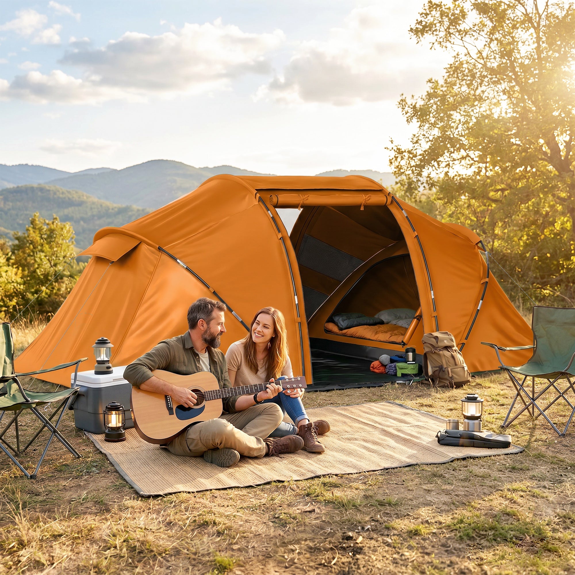 Outsunny 4-6 Man Camping Tent w/ Two Bedroom, Hiking Sun Shelter, UV Protection Tunnel Tent, Orange